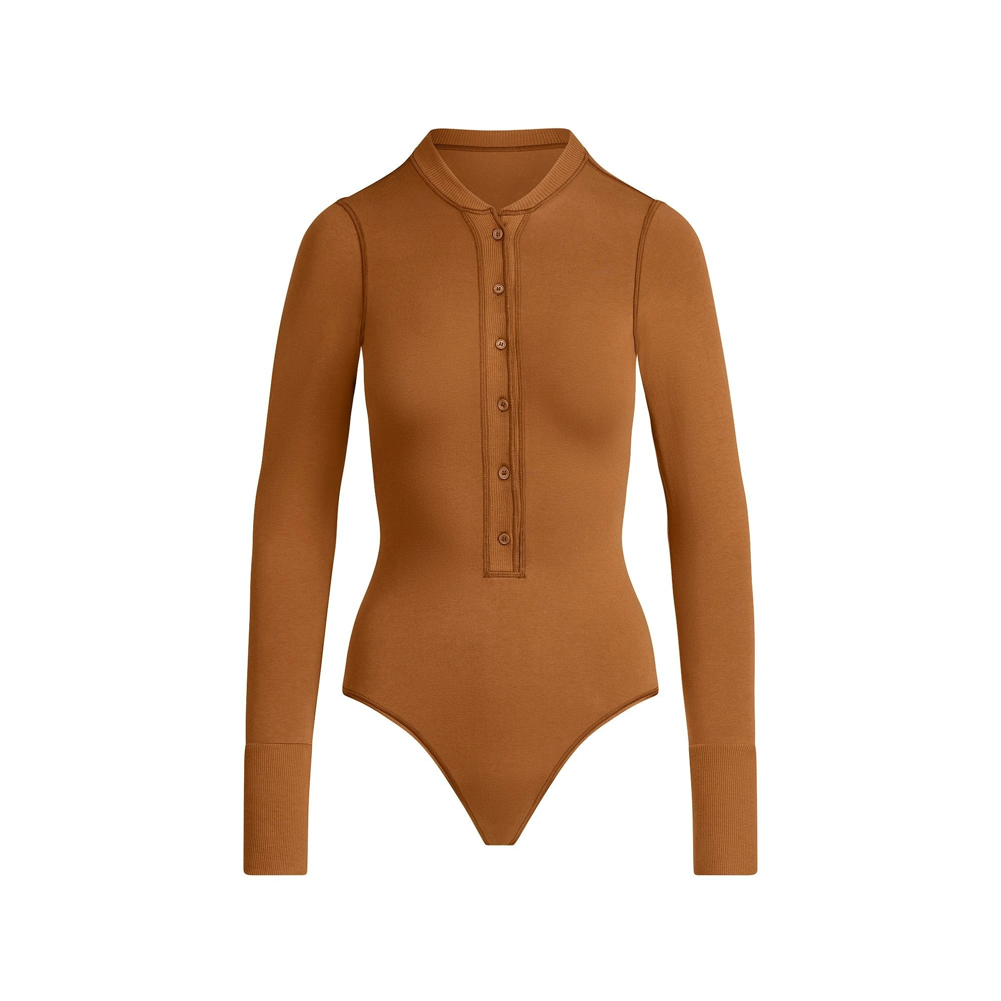 Skims Cotton Jersey Plunge Henley Bodysuit Chai