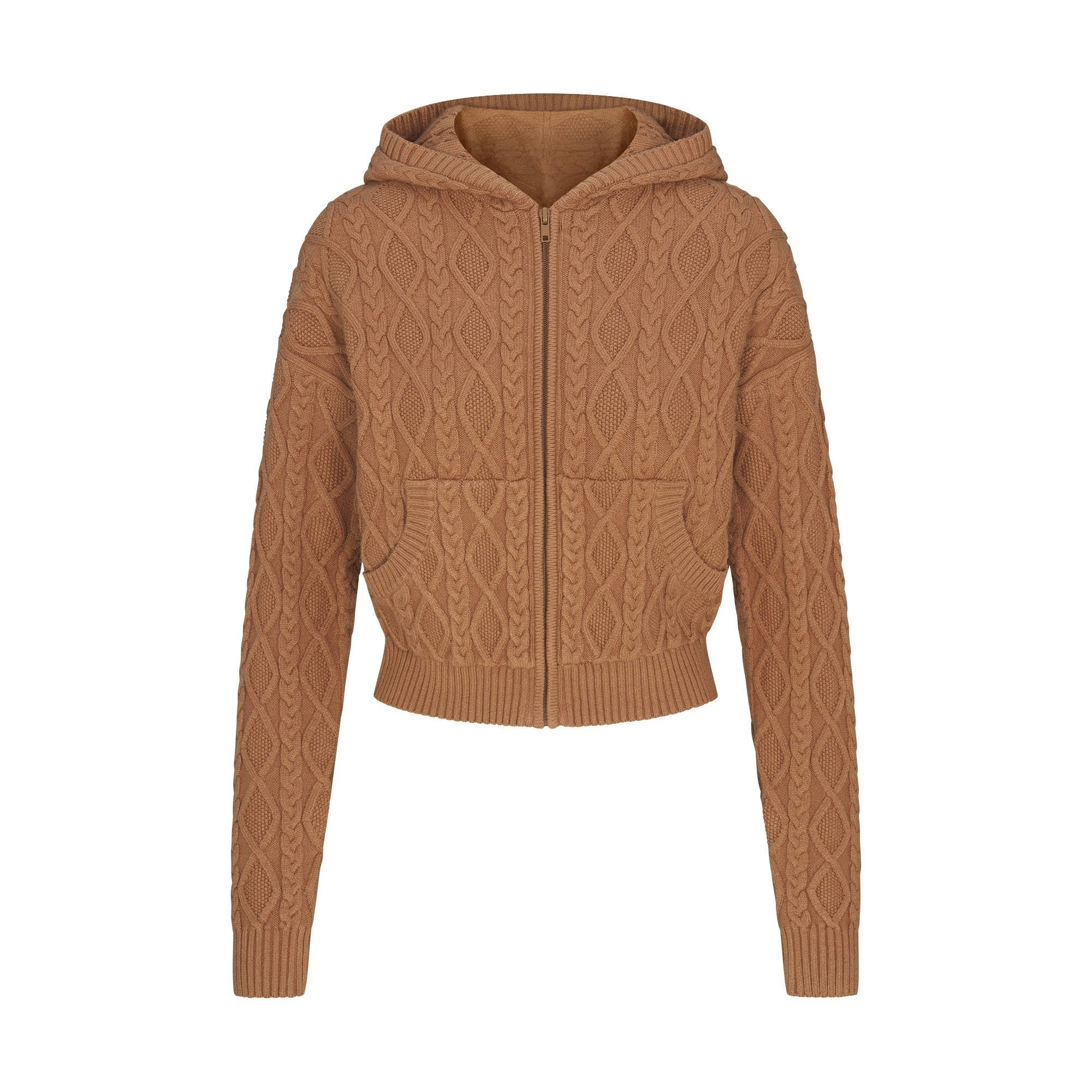 Skims Sweater Knits Cable Knit Shrunken Zip Up Hoodie Dark Honey