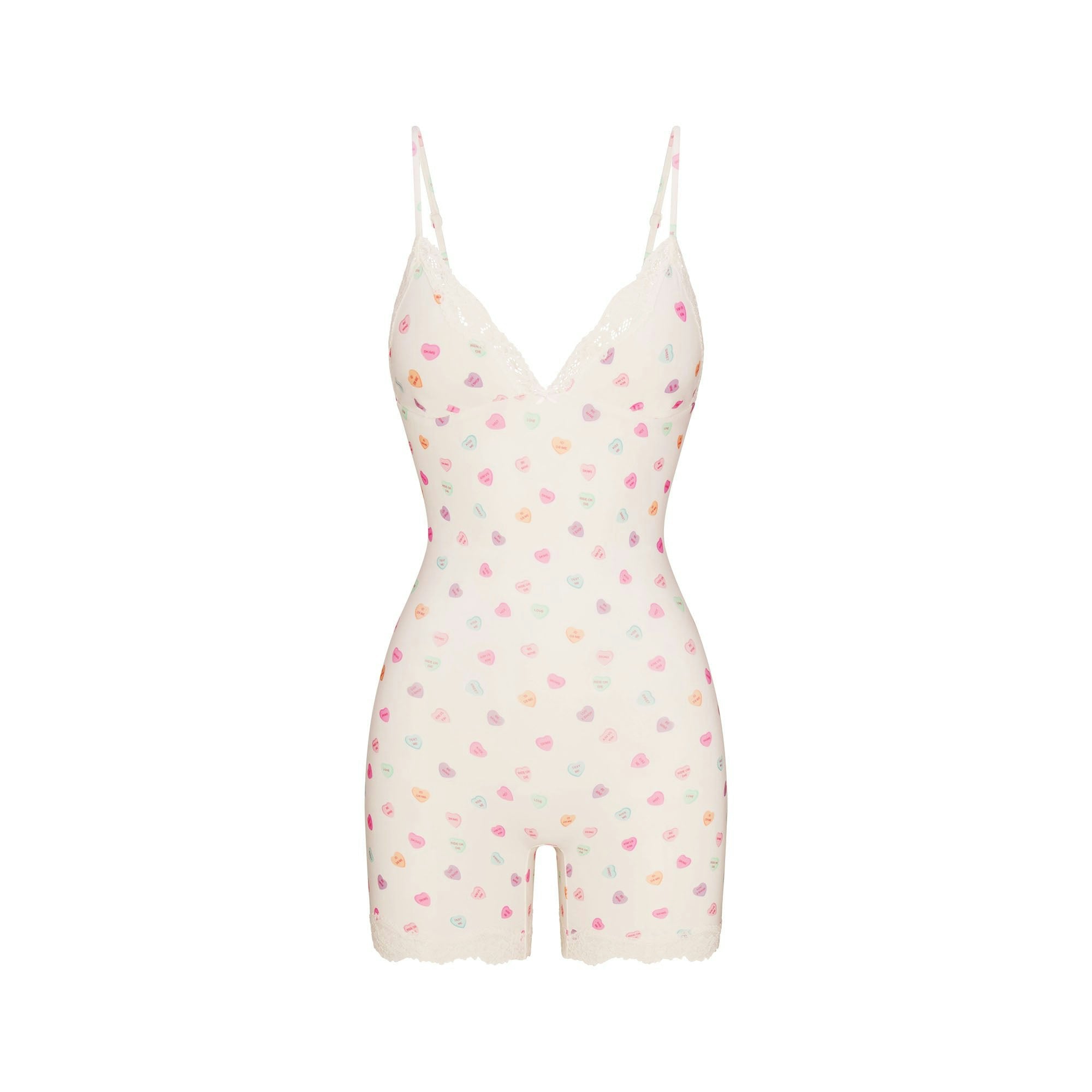 Skims Fits Everybody Lace Triangle Onesie Marble Candy Heart Print