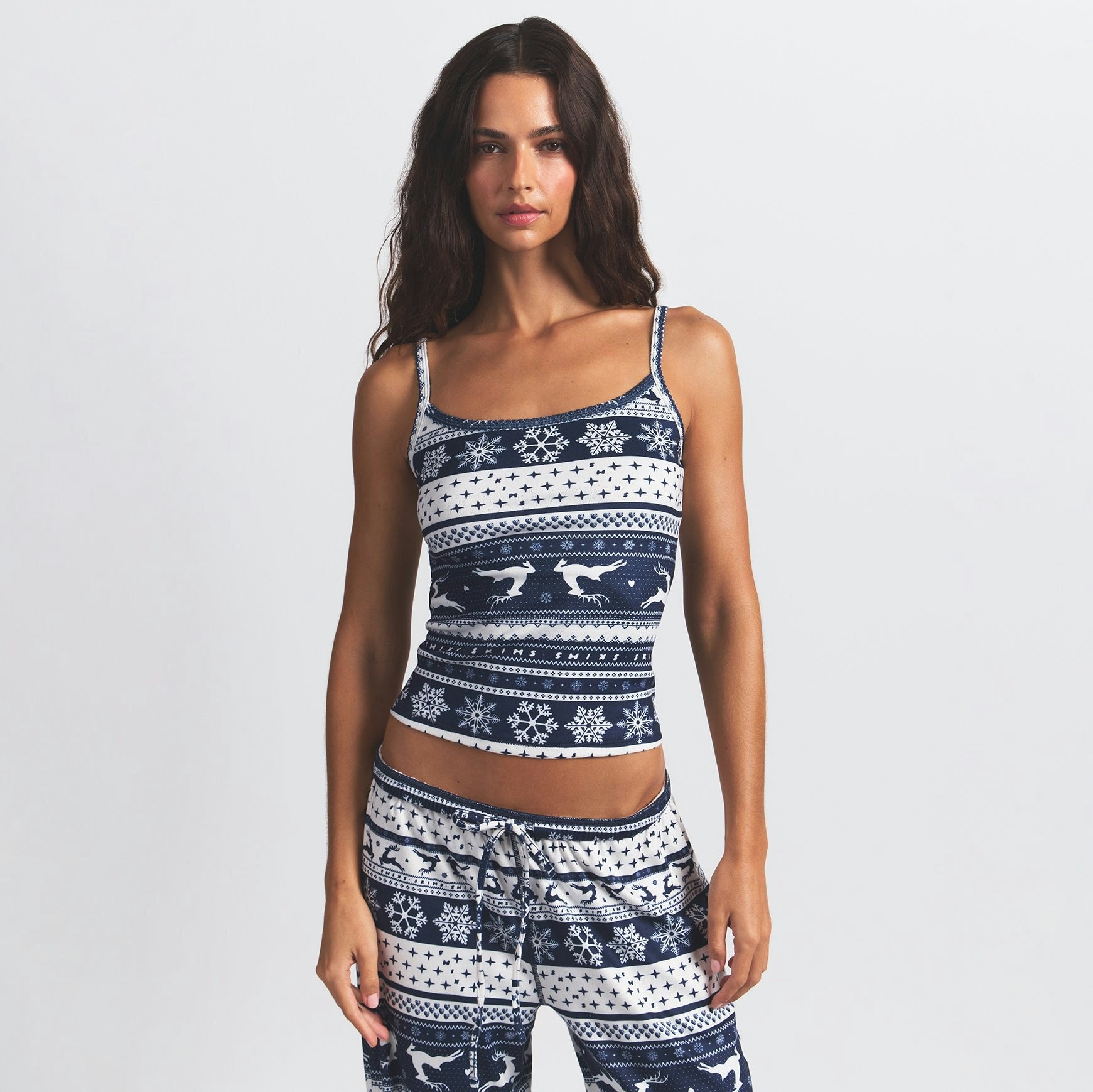 Skims Logo Plush Pointelle Cami Navy Deer Fair Isle