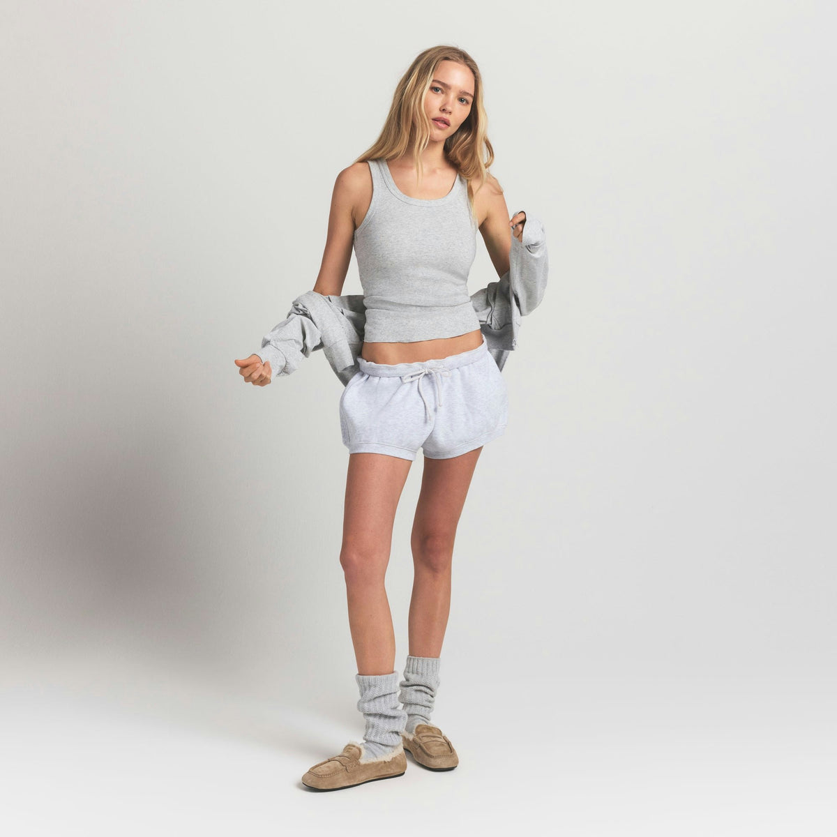 Skims Cotton Rib Scoop Neck Tank in Light Heather Grey, worn