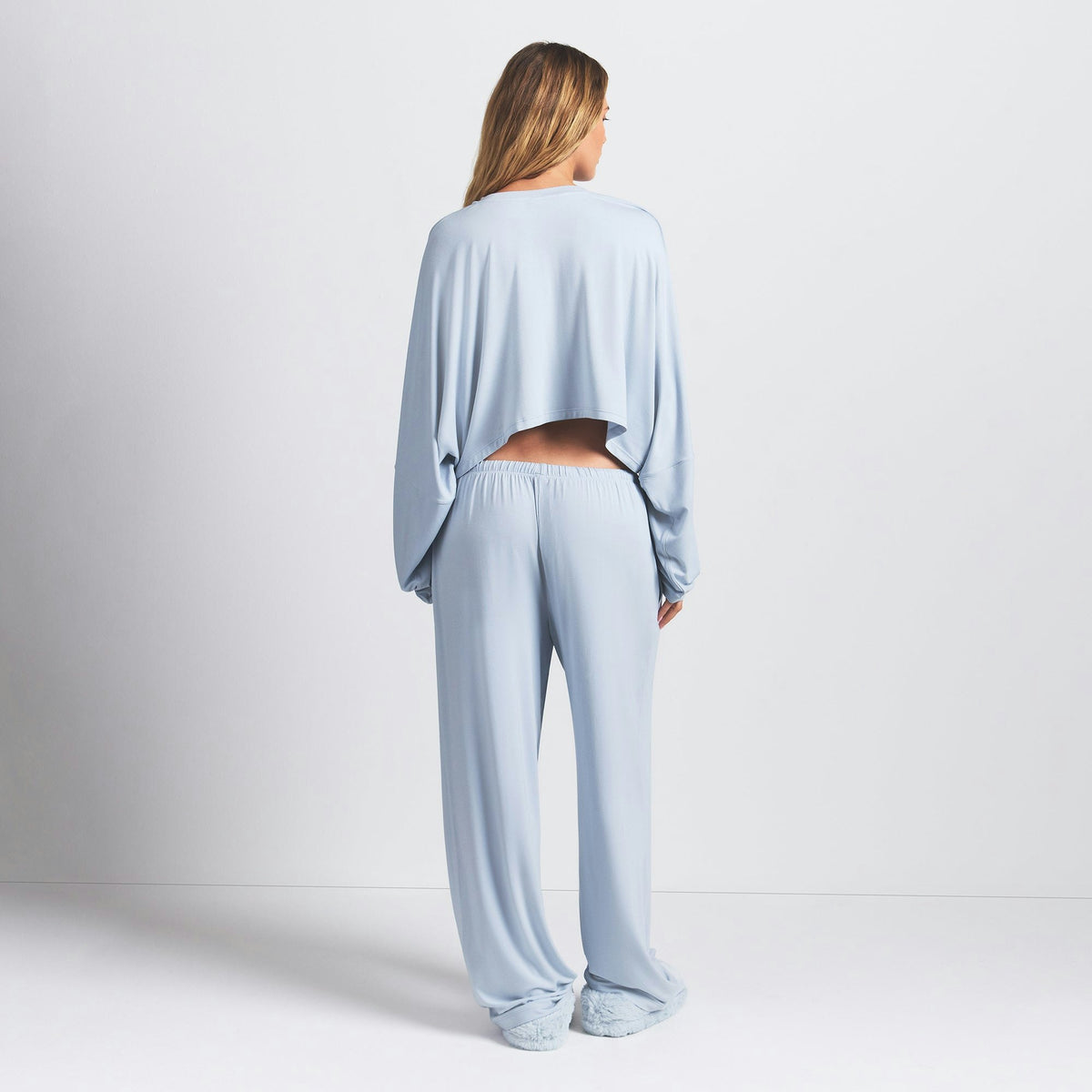 Skims Skims Sleep Cropped Long Sleeve And Pant Set Zen Blue