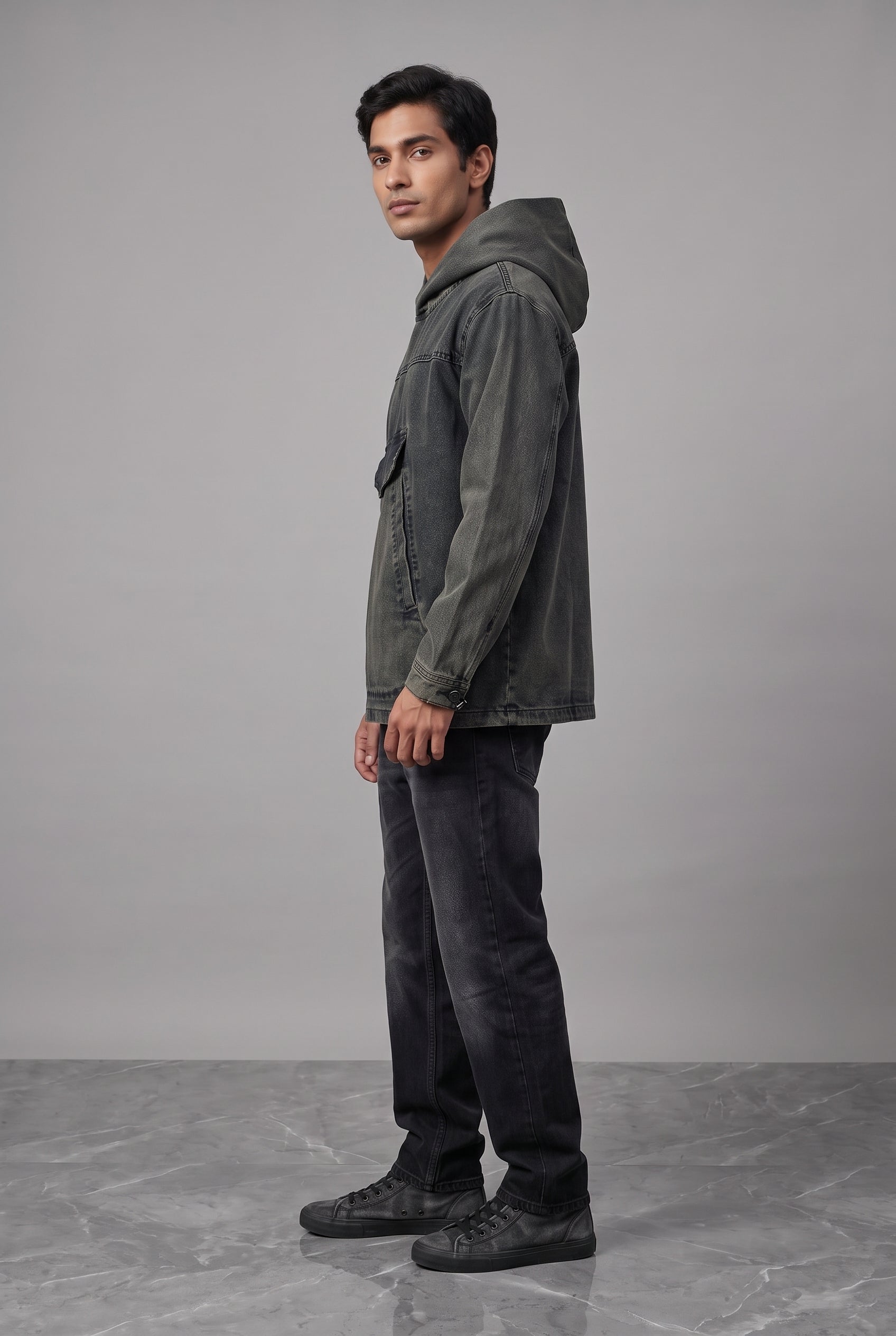 ACID WASH DENIM MEN'S HOODIE