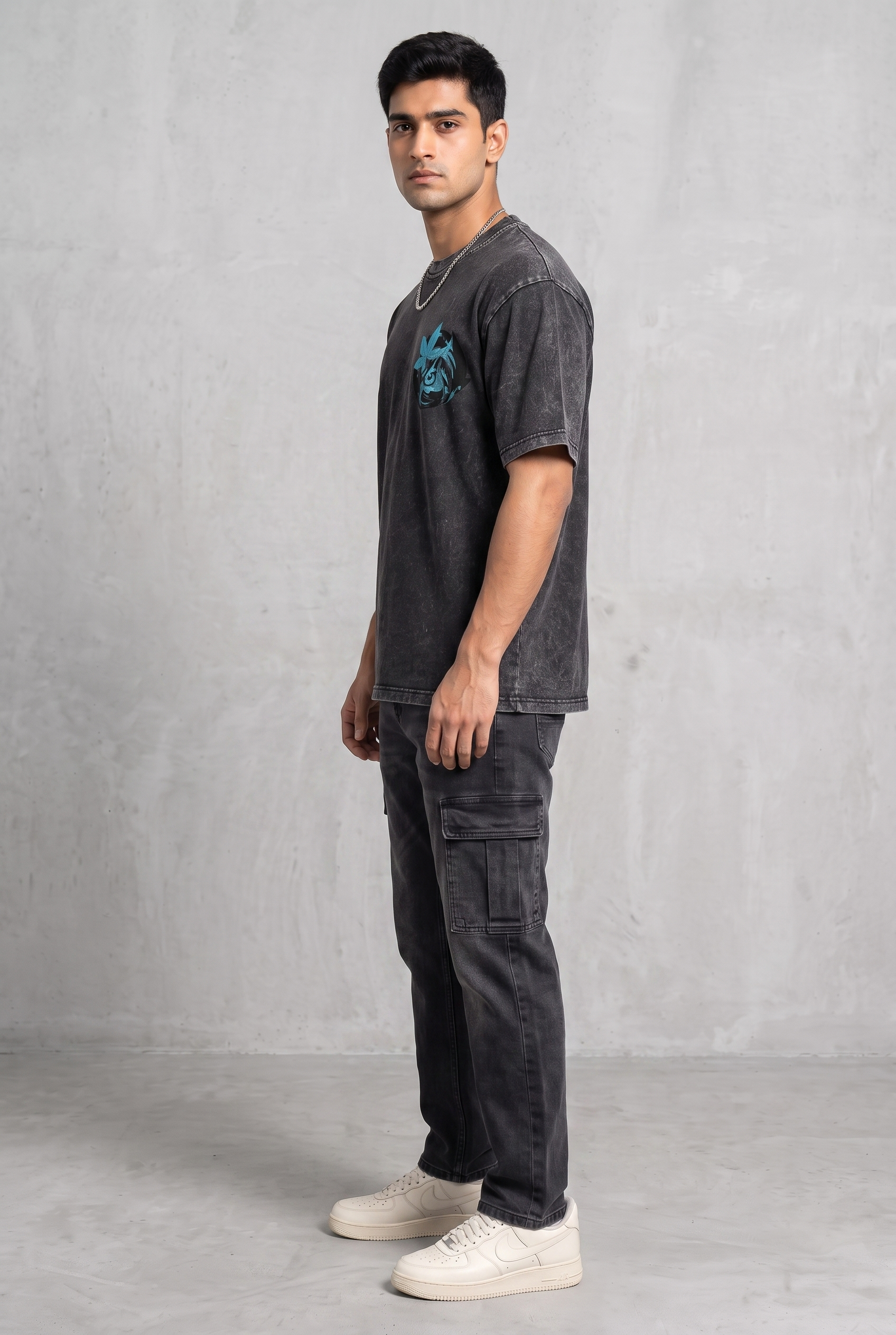 OWL VISION DARK GREY ACIDWASH MEN’S OVERSIZED T-SHIRT