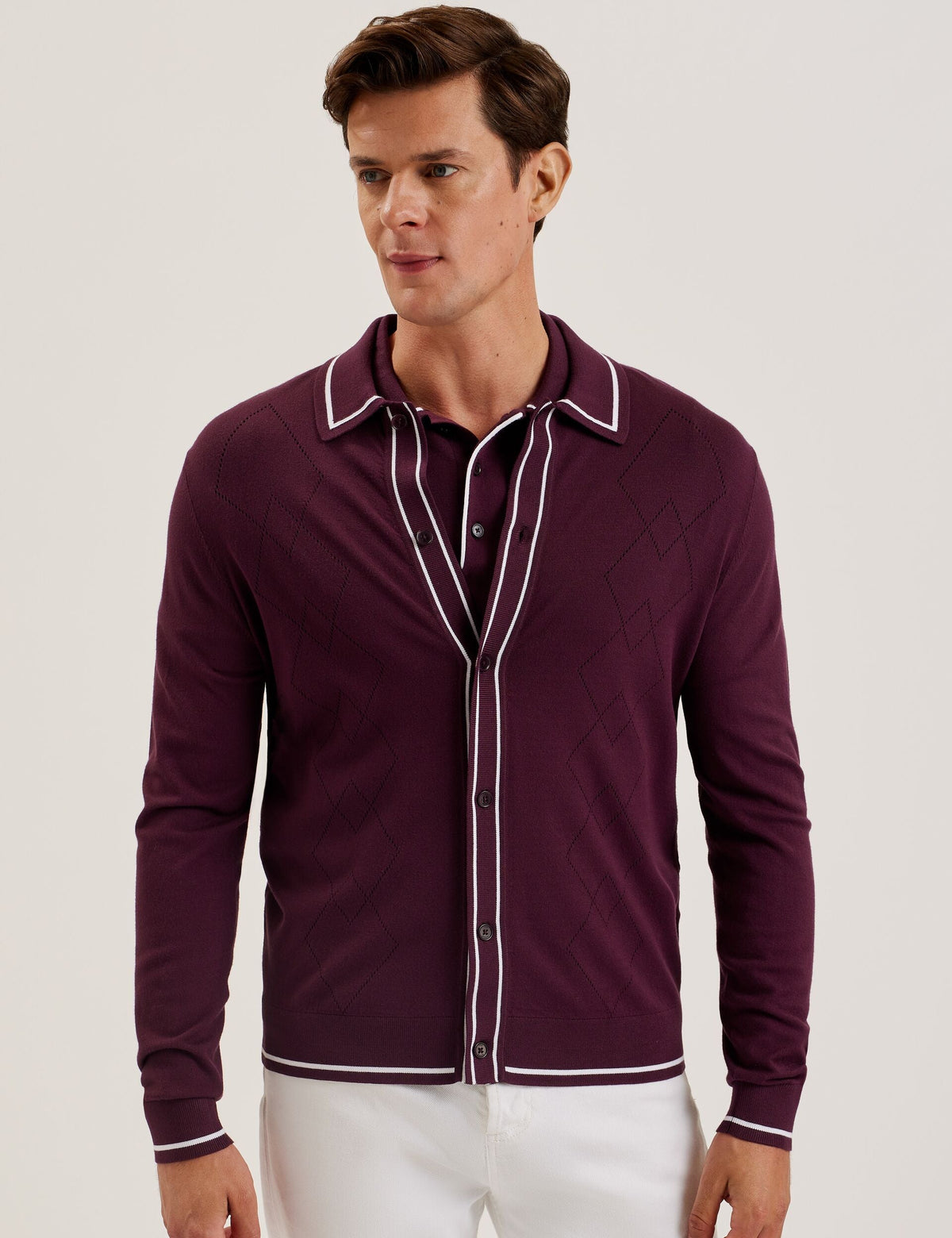 Ted Baker Elmdon Pointelle Diamond Knitted Long Sleeve Shirt