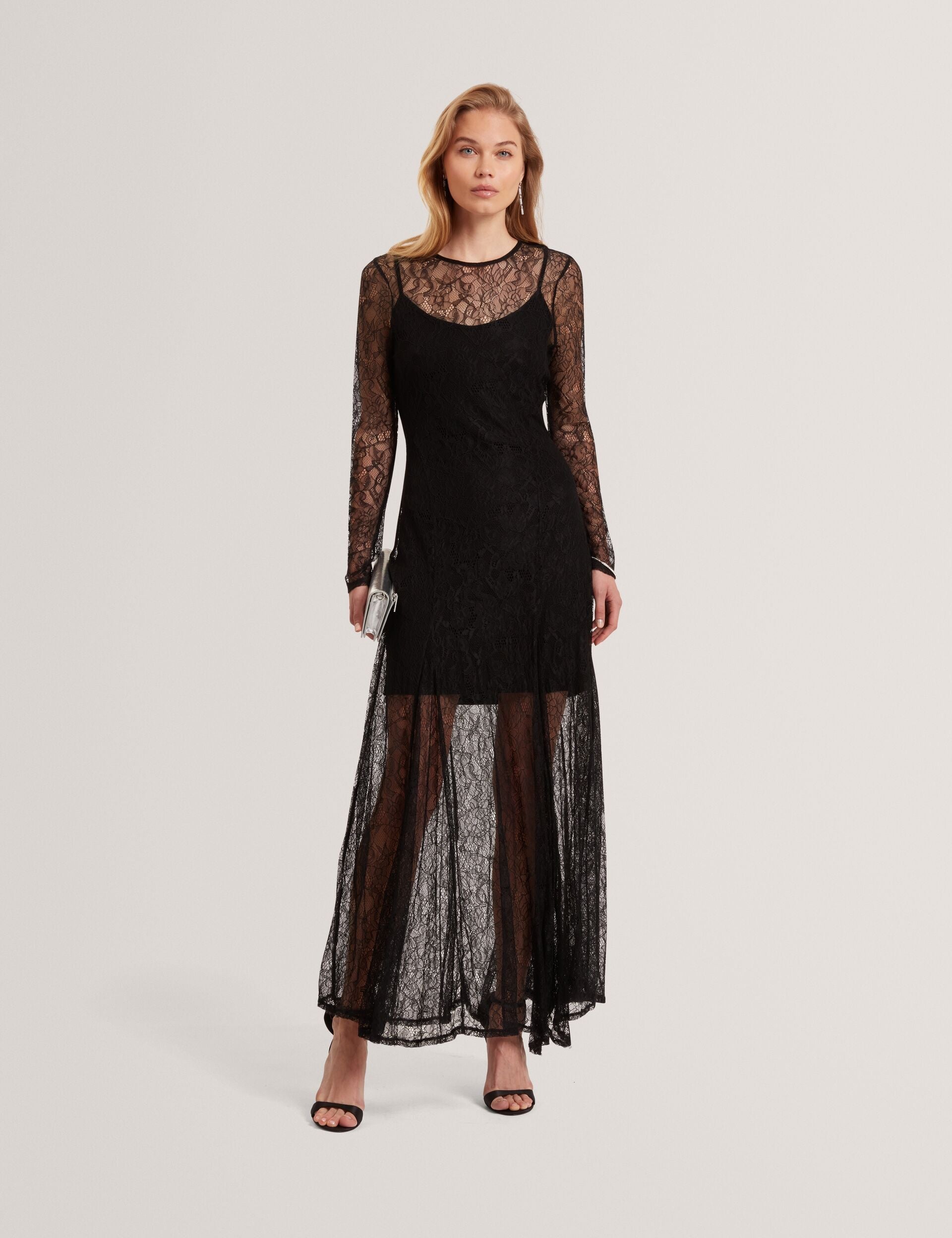 Ted Baker Black Sheer Lace Long Sleeve Maxi Dress Women's