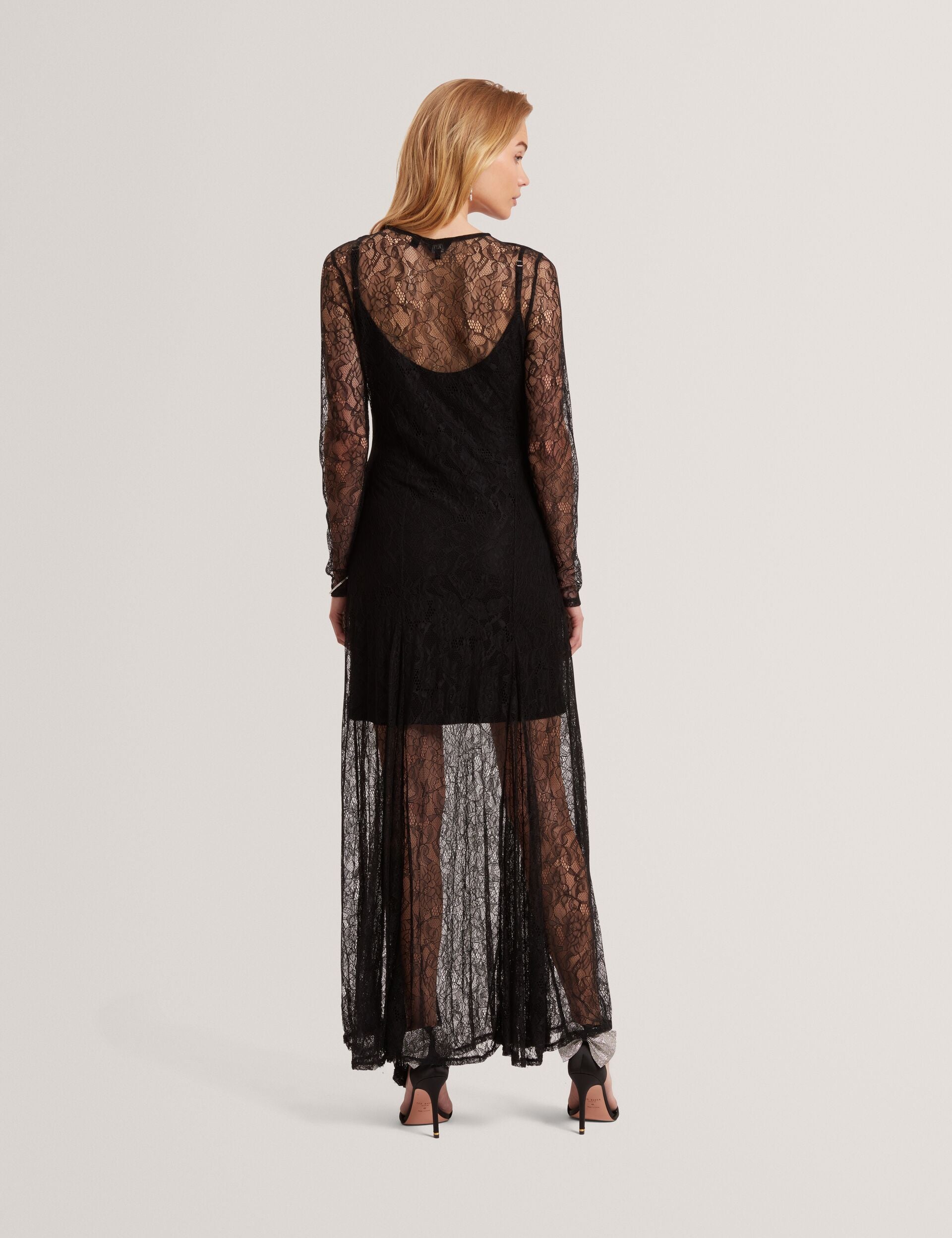 Ted Baker Black Sheer Lace Long Sleeve Maxi Dress Women's