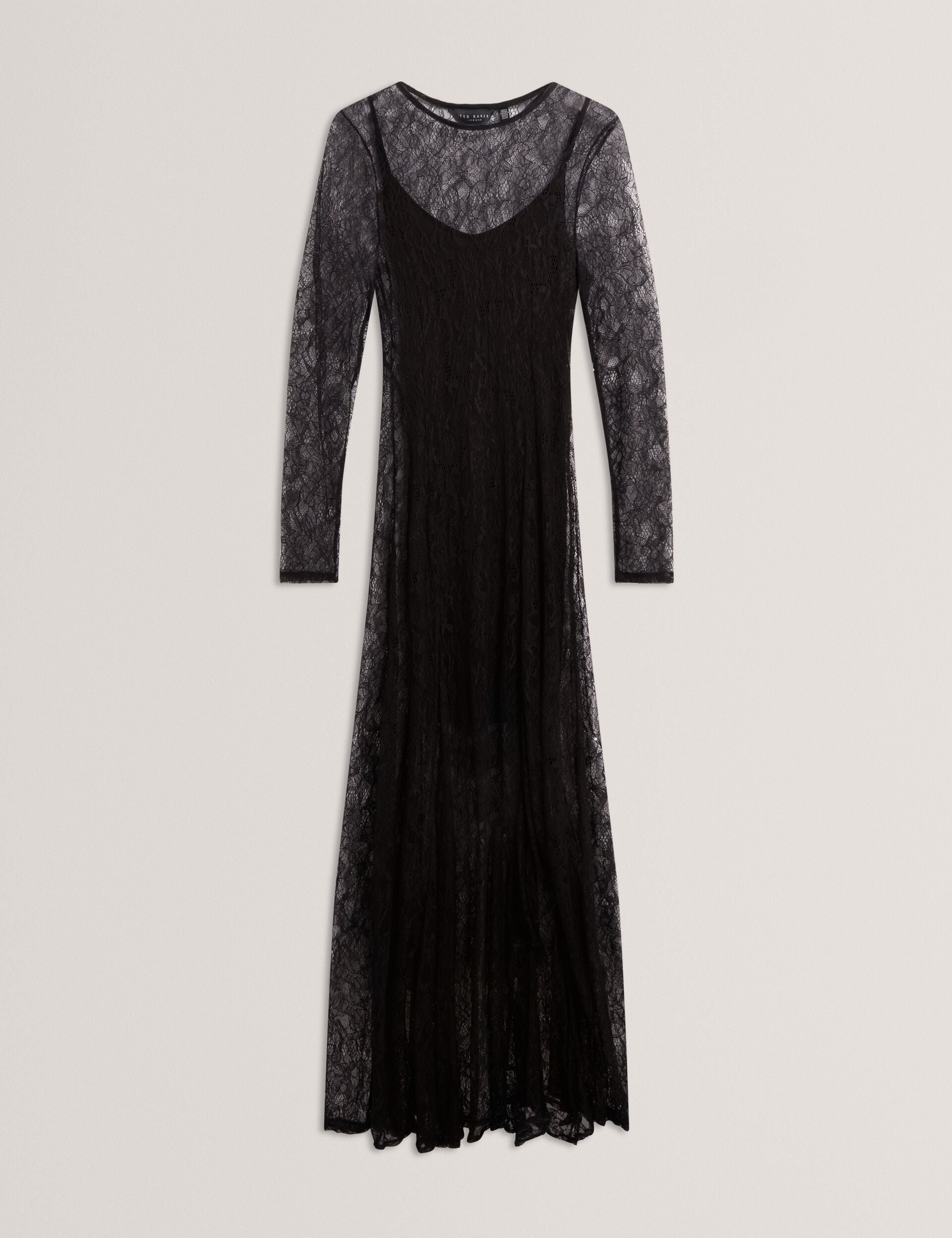 Ted Baker Black Sheer Lace Long Sleeve Maxi Dress Women's