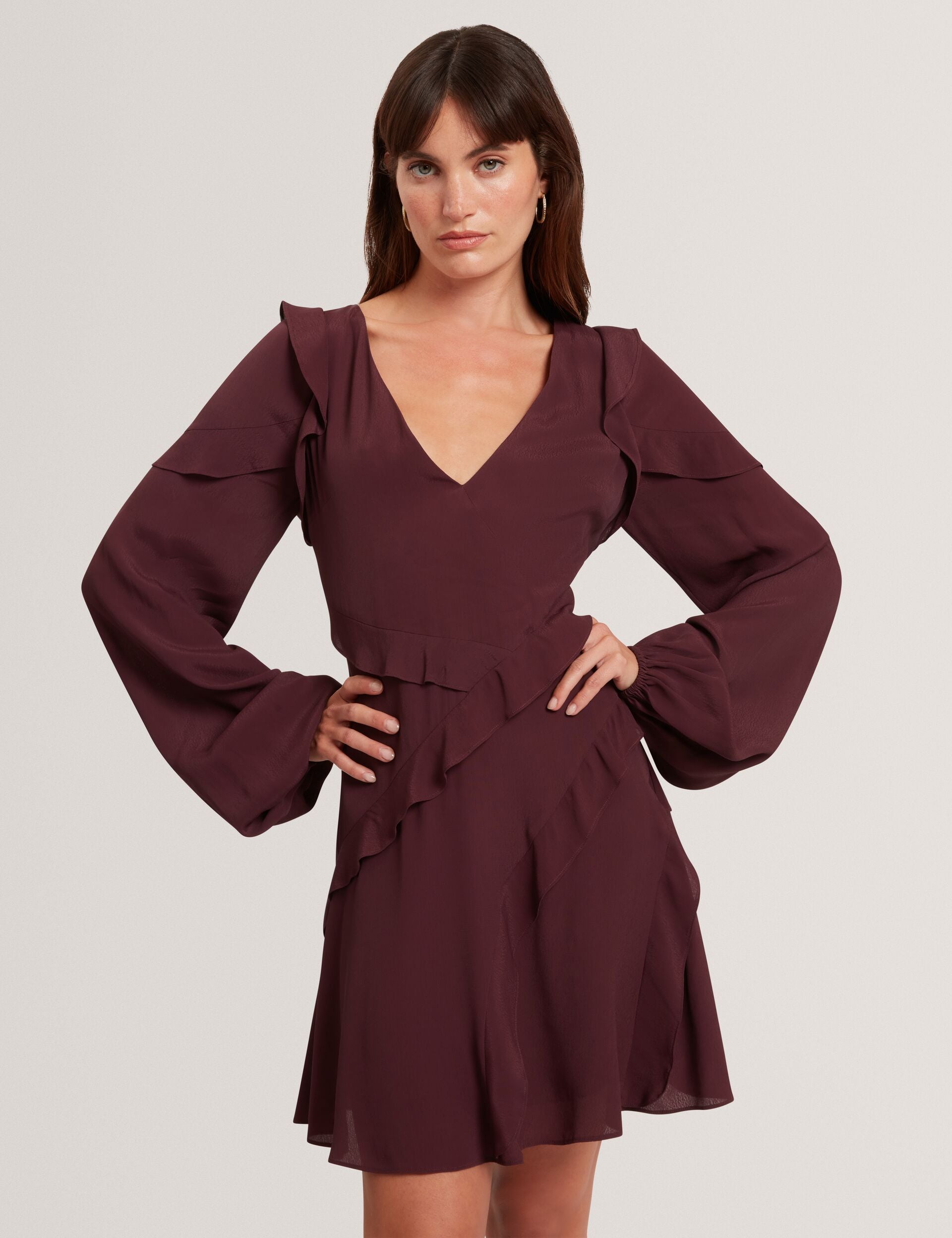 Ted Baker Neira Frill Trim Vneck Long Sleeve Mini Dress Women's