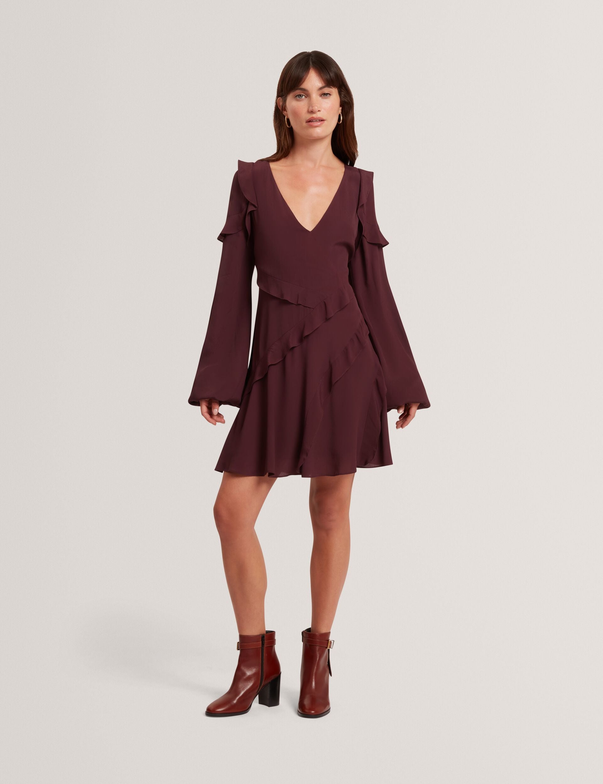 Ted Baker Neira Frill Trim Vneck Long Sleeve Mini Dress Women's