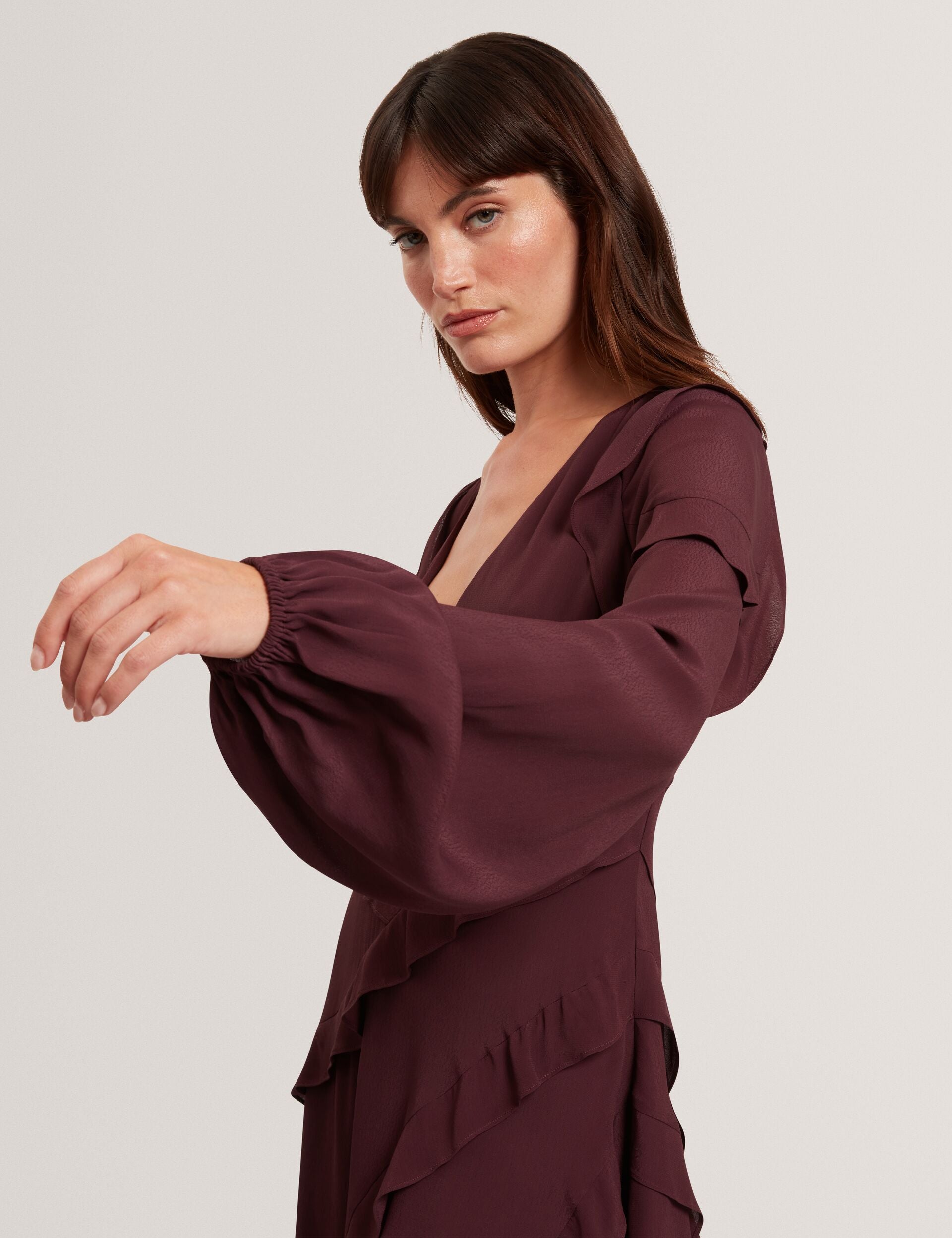 Ted Baker Neira Frill Trim Vneck Long Sleeve Mini Dress Women's