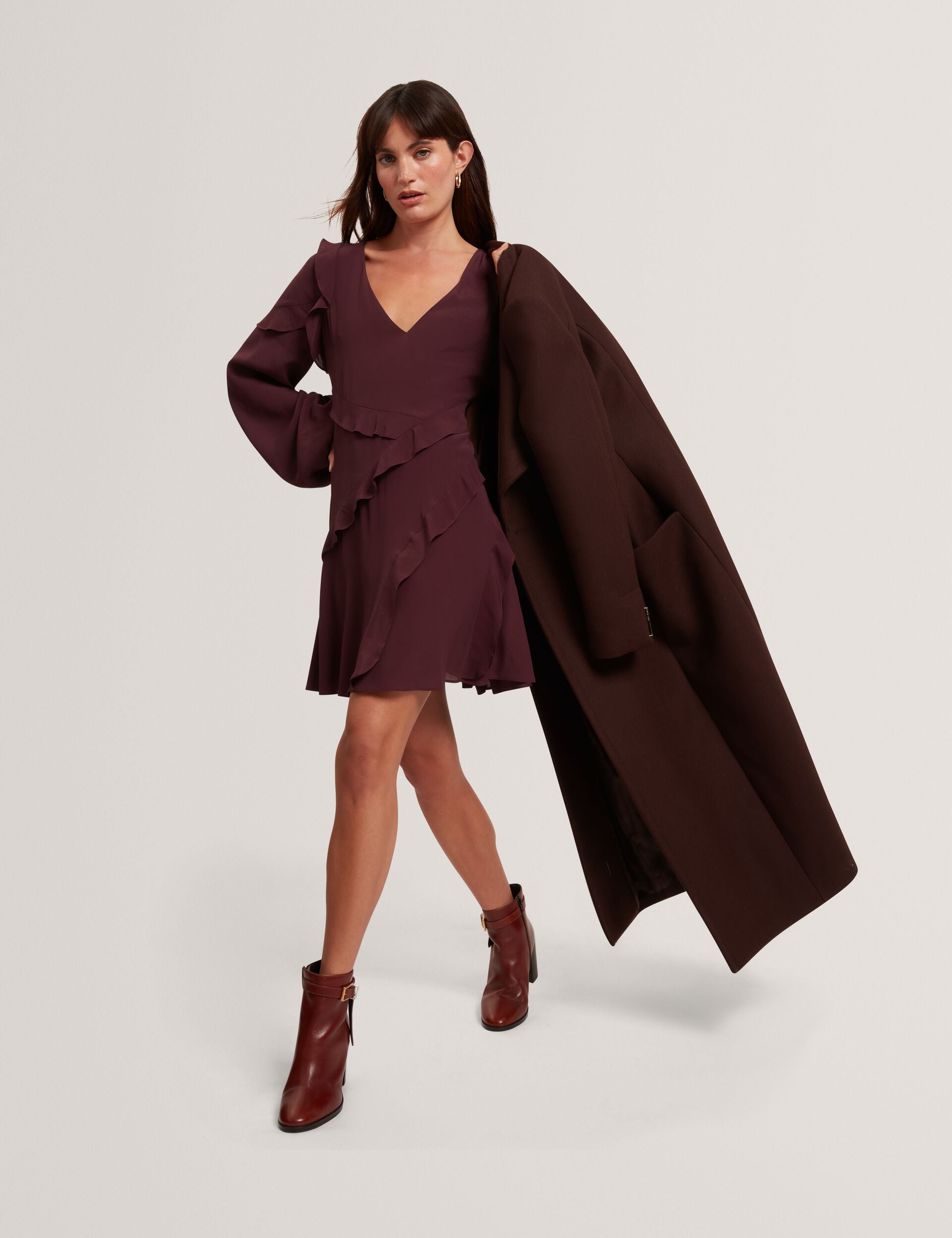 Ted Baker Neira Frill Trim Vneck Long Sleeve Mini Dress Women's