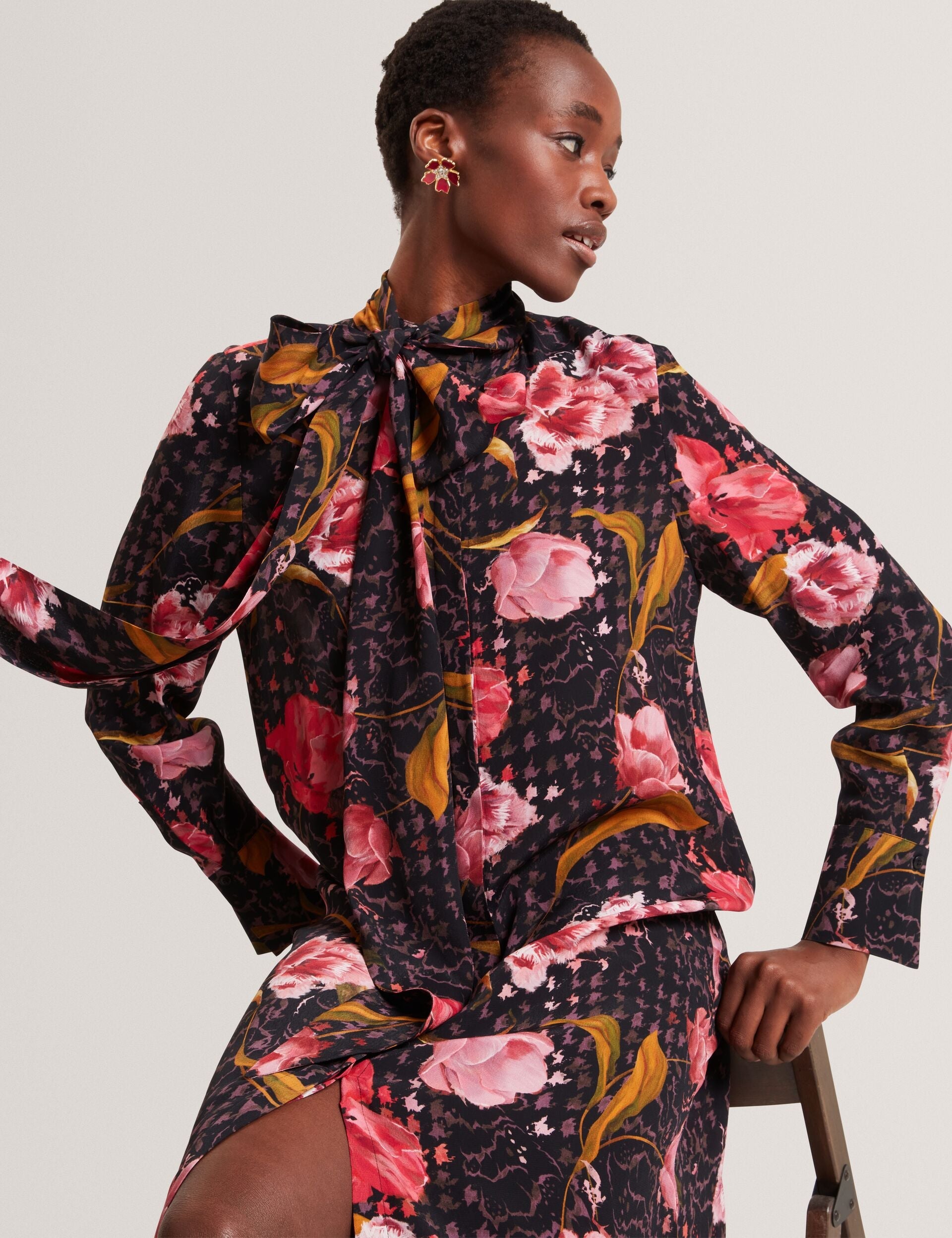 Ted Baker Elann Floral Check Tie Neck Midi Shirt Dress Women's