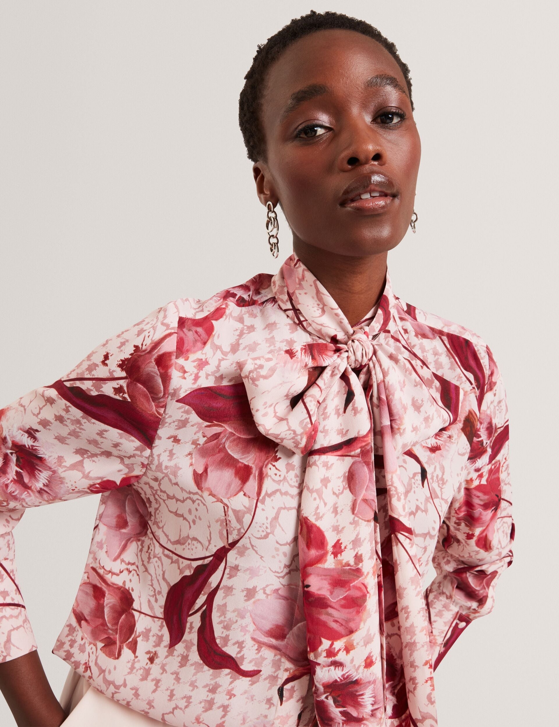 Ted Baker Corena Pink Floral Print Tie Neck Blouse Women's