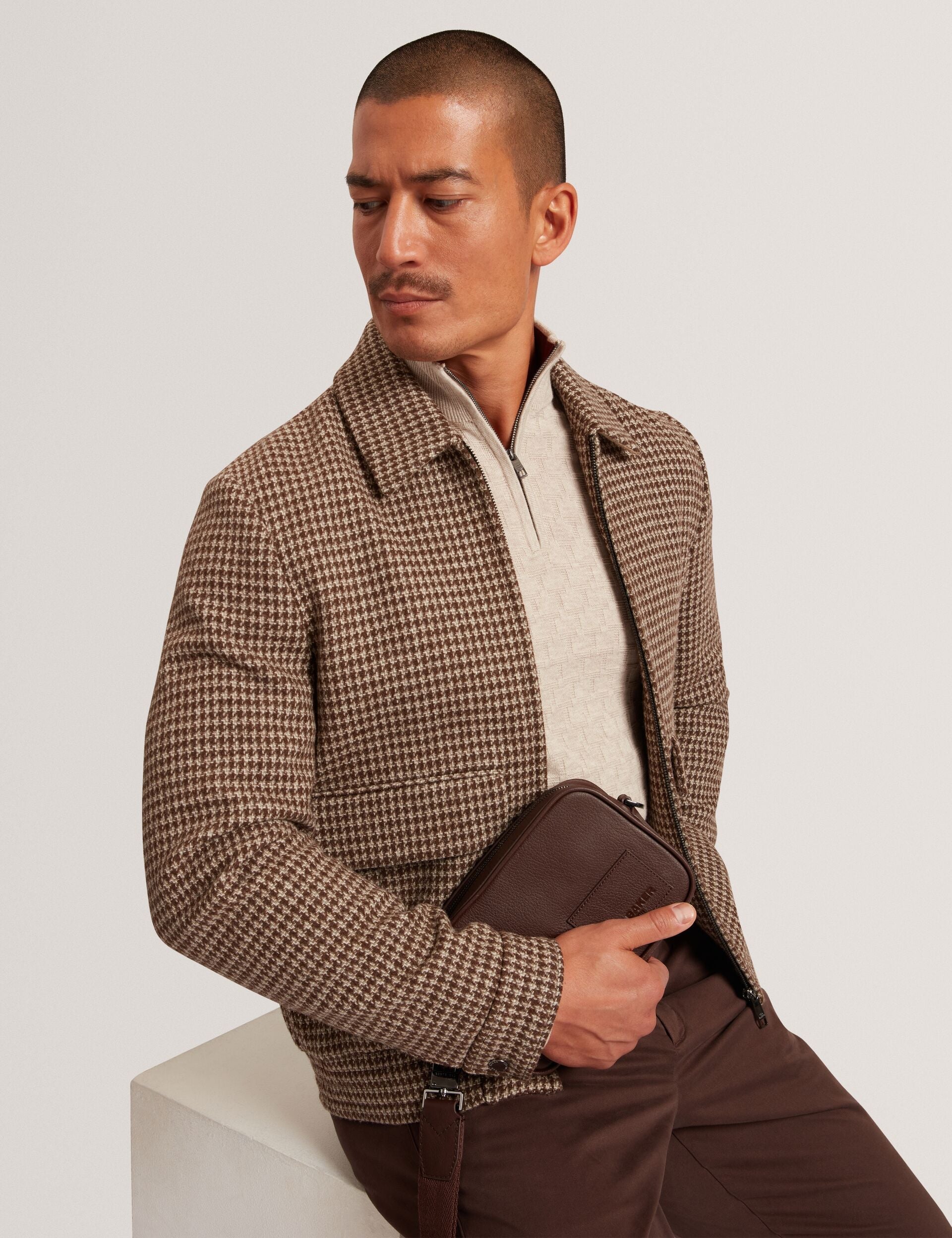 Ted Baker Baglan Dogtooth Check Wool Harrington Jacket