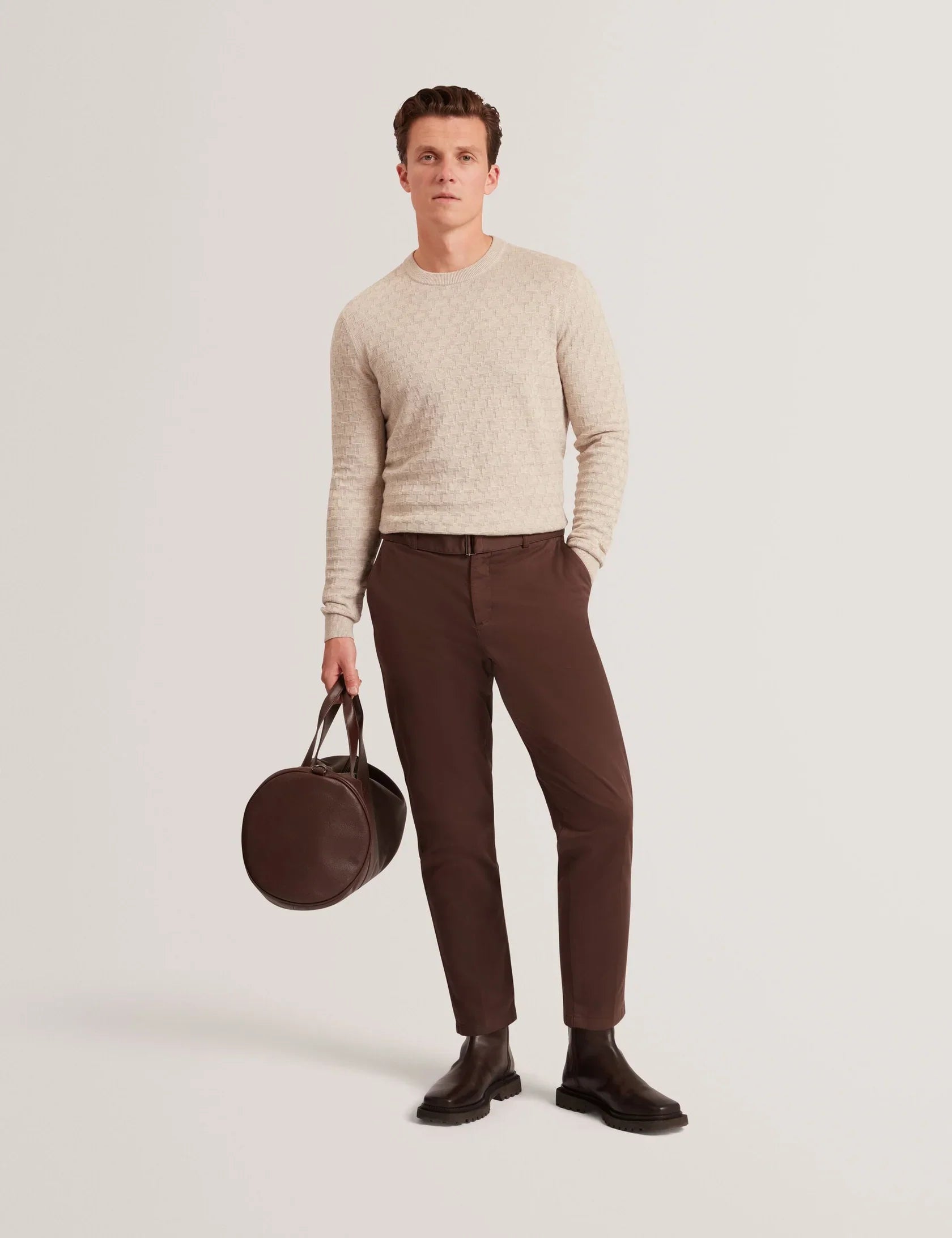 Ted Baker Armodo Brown Tapered Fit Belted Cotton Trousers