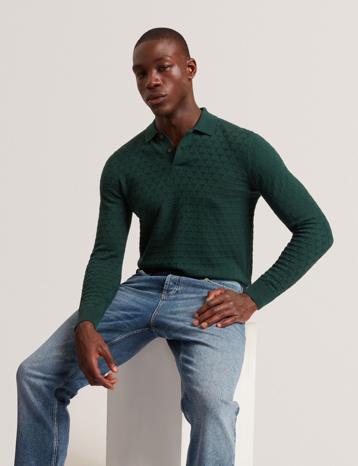 Ted Baker Gaten Branded Texture Knit Long Sleeve Polo