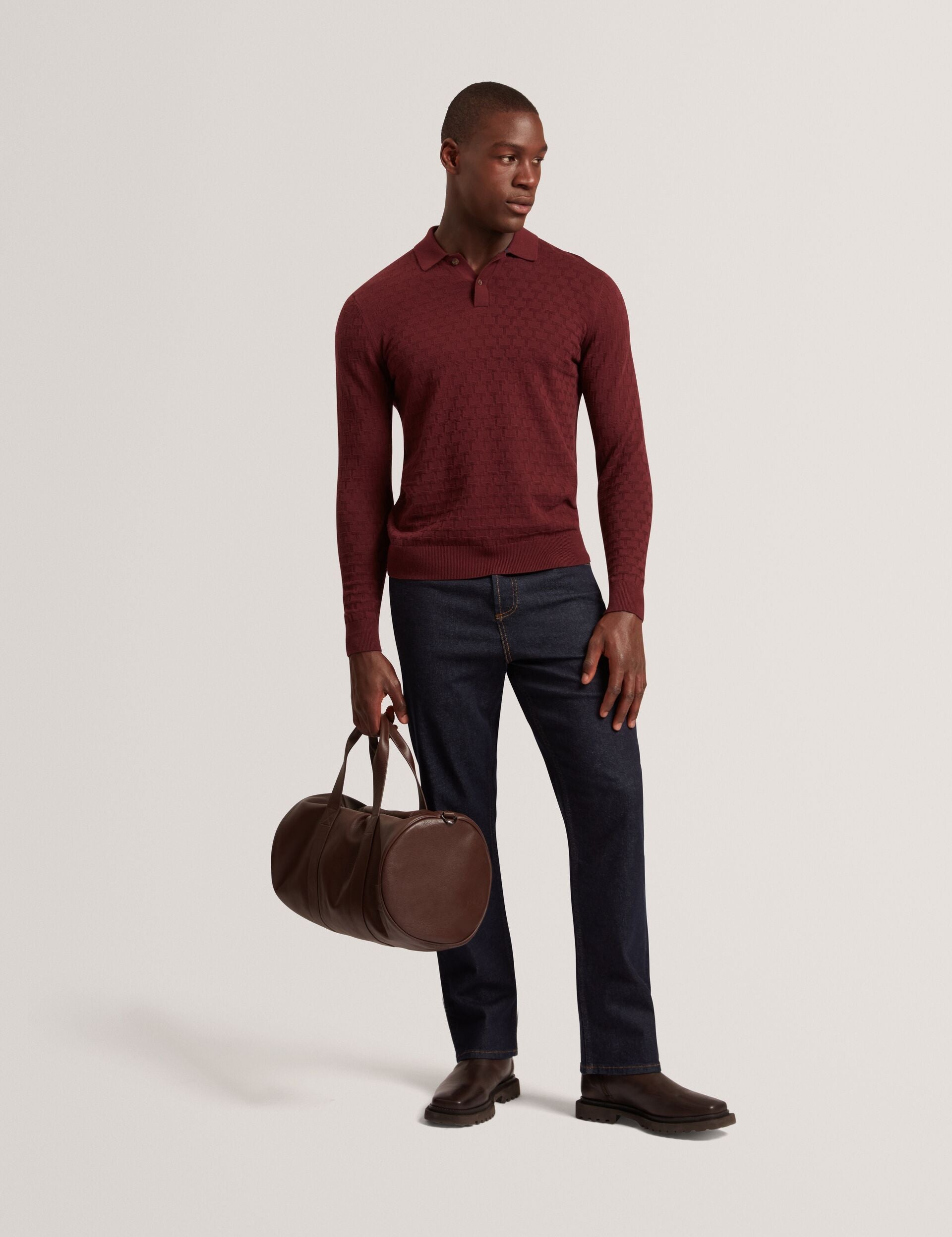 Ted Baker Gaten Branded Texture Knit Long Sleeve Polo