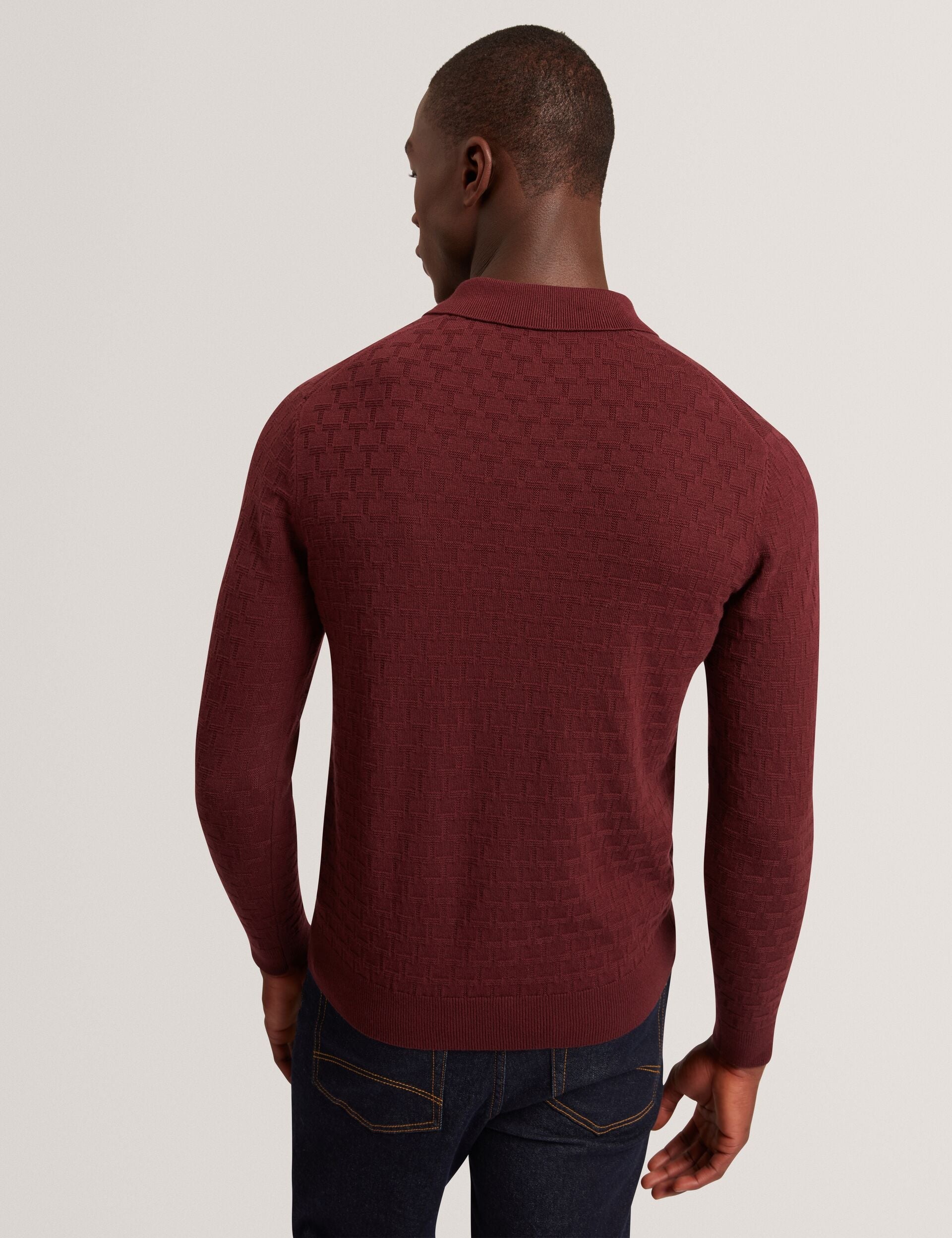 Ted Baker Gaten Branded Texture Knit Long Sleeve Polo