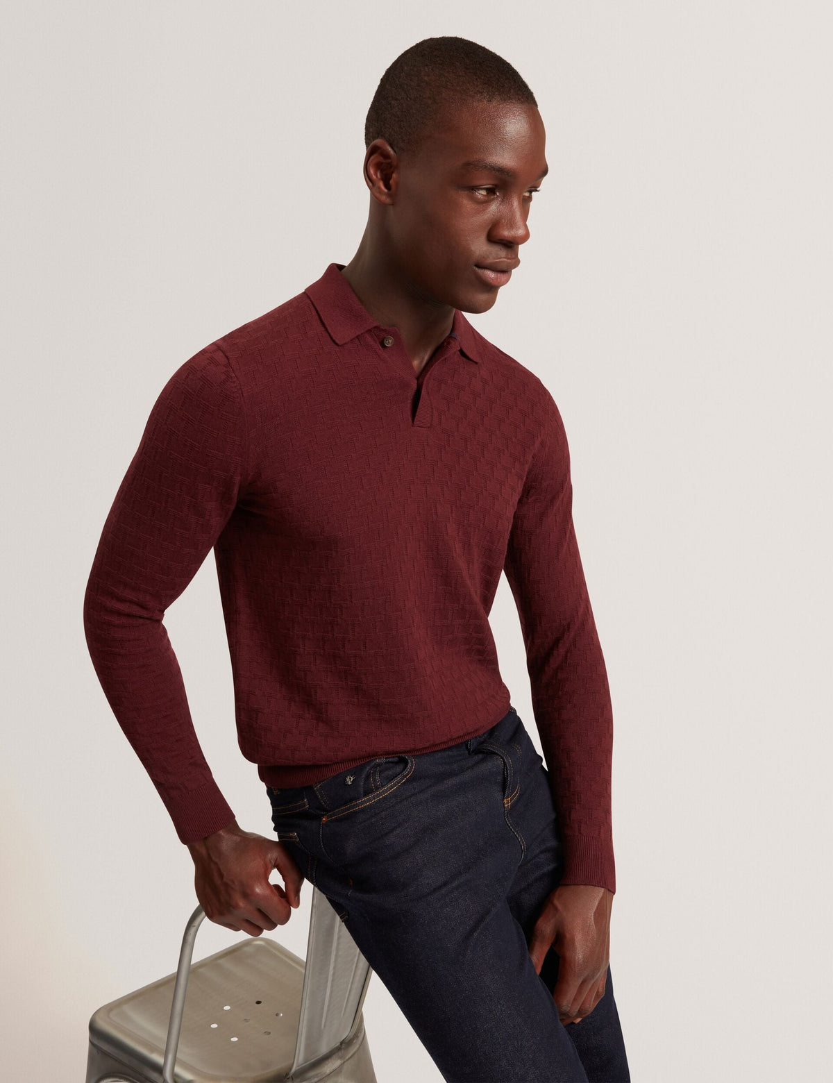 Ted Baker Gaten Branded Texture Knit Long Sleeve Polo