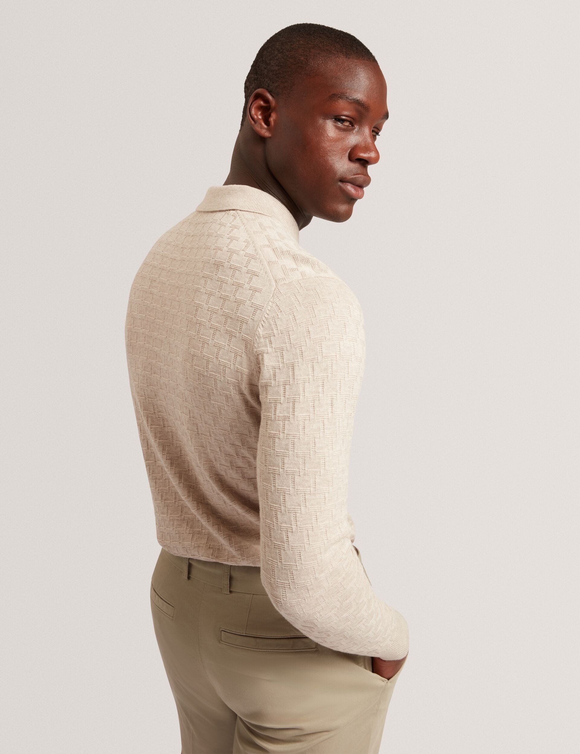 Ted Baker Gaten Branded Texture Long Sleeve Polo