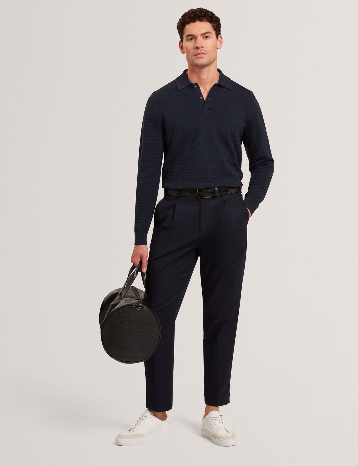 Ted Baker Gaten Branded Texture Knit Long Sleeve Polo
