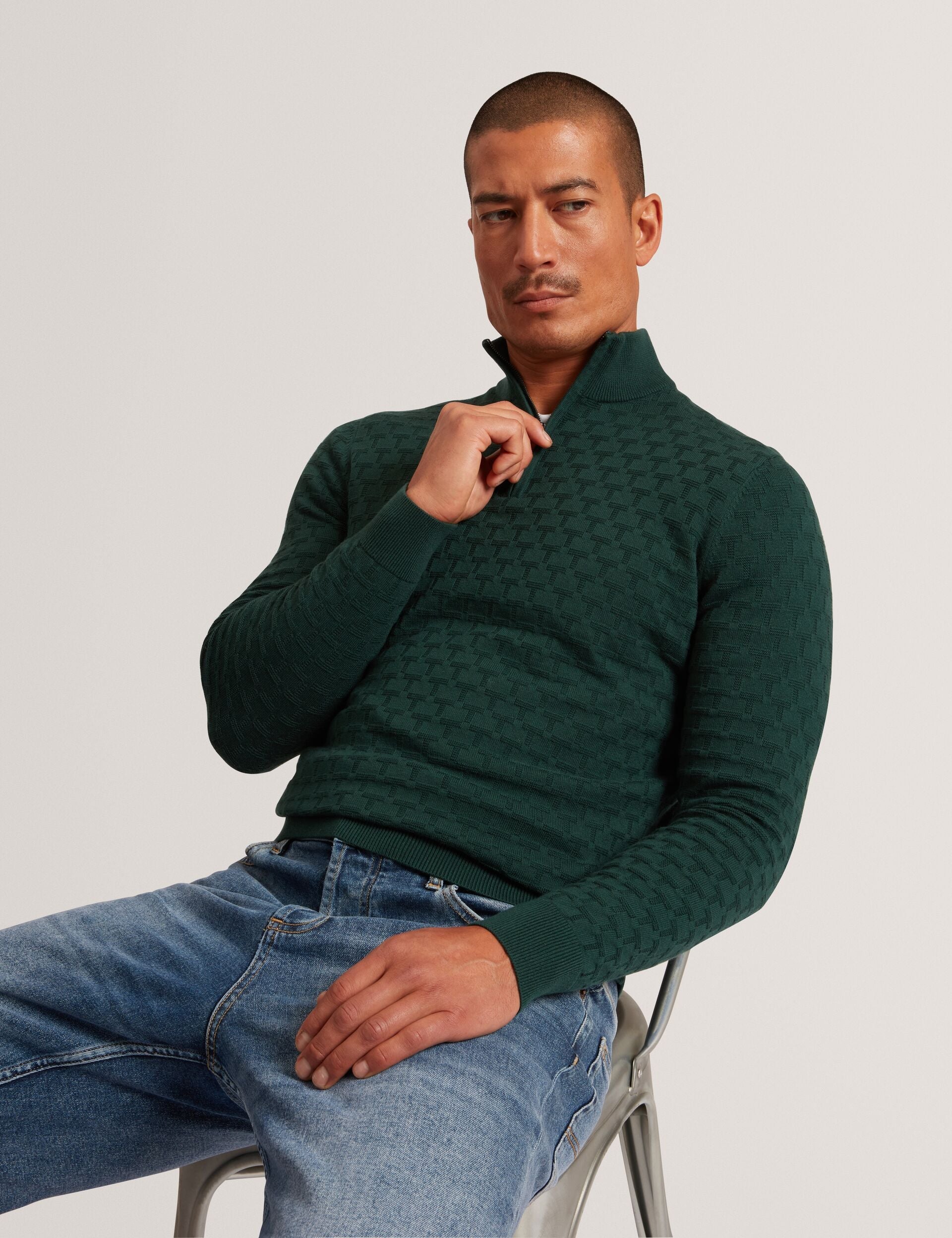 Ted Baker Jeremee Branded Texture Zip Neck Jumper