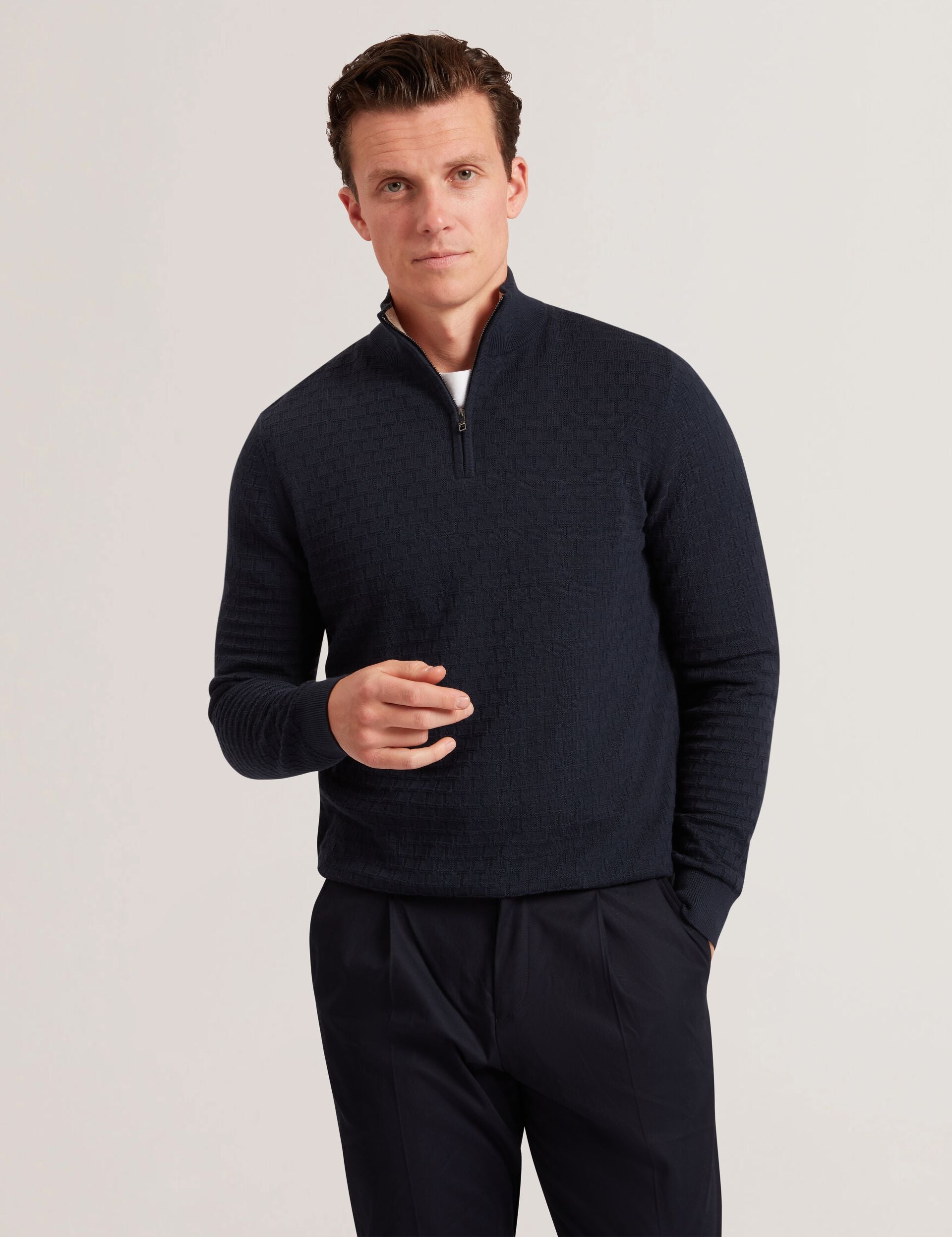 Ted Baker Jeremee Branded Texture Zip Neck Jumper