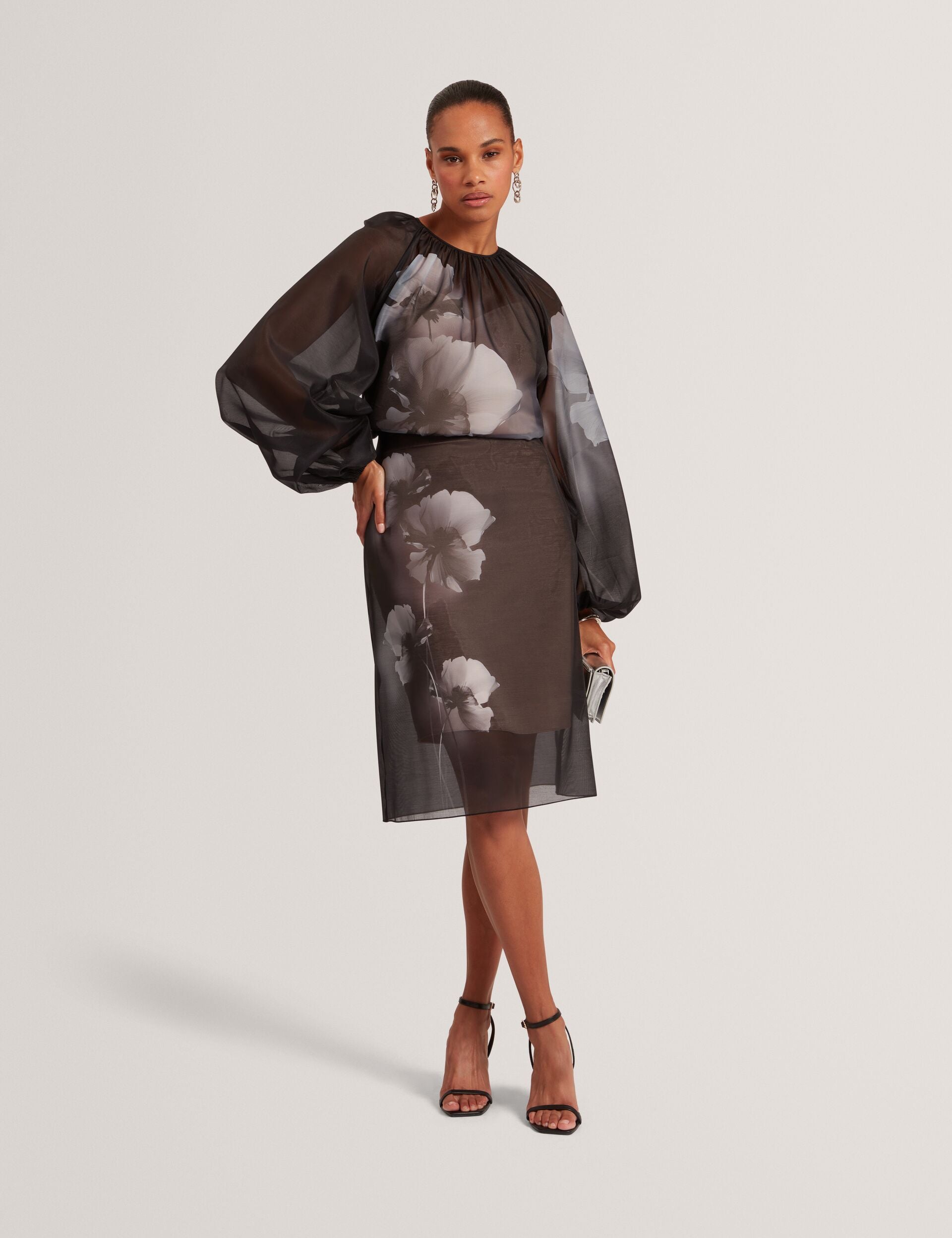 Ted Baker Black Floral Graphic Long Sleeve Organza Blouse Women's