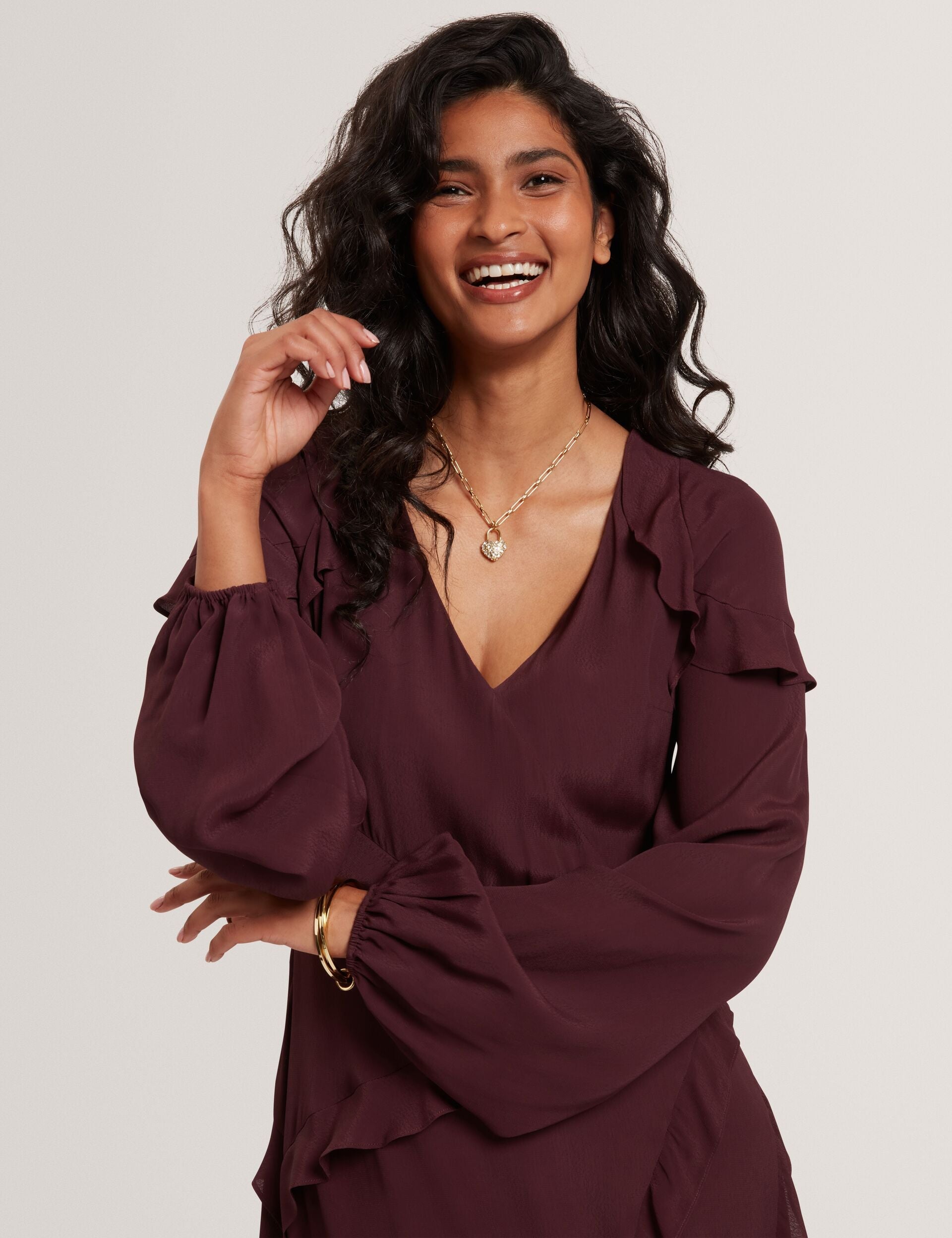 Ted Baker Oxblood Frill Trim Long Sleeve Crepe Midi Dress Women's