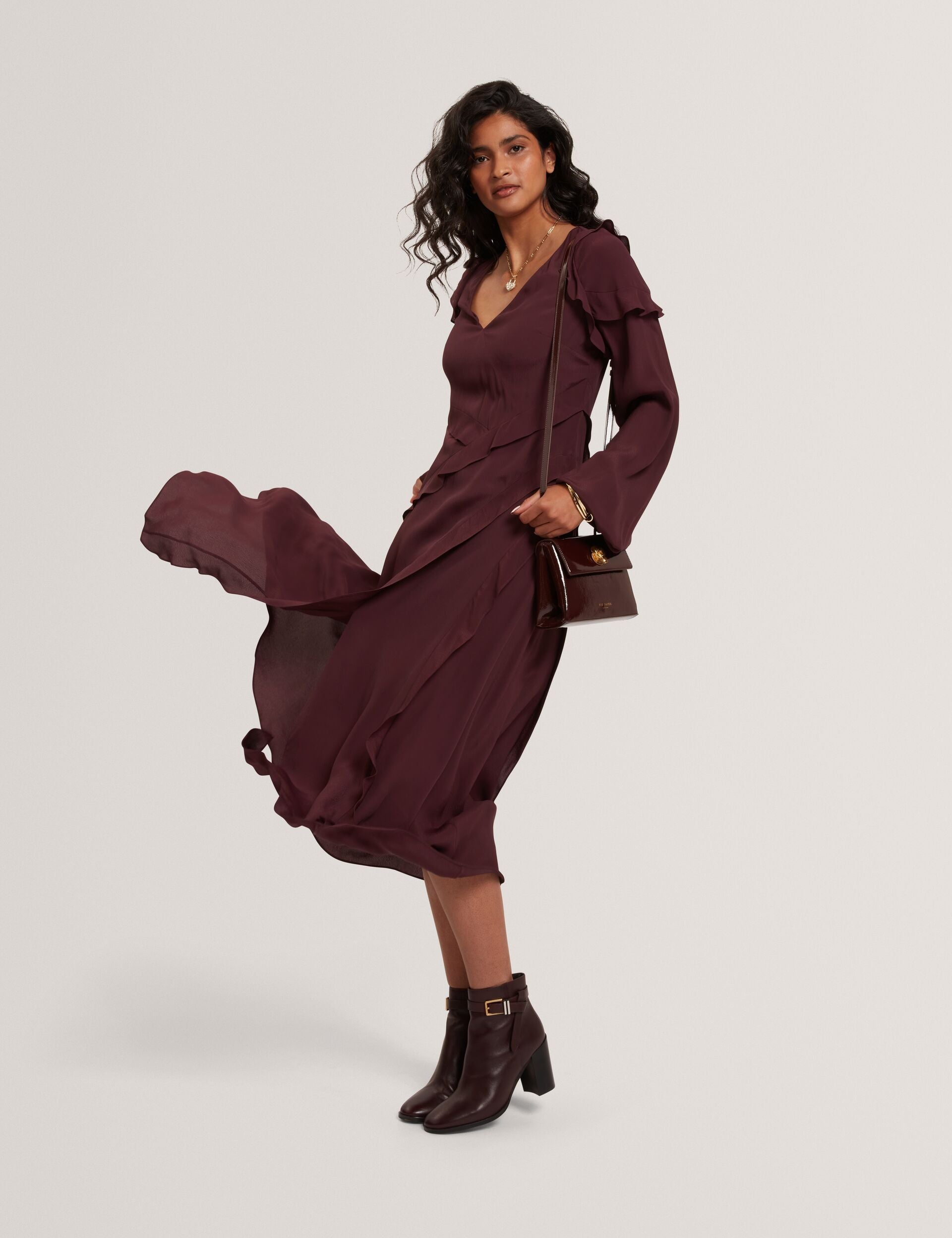 Ted Baker Oxblood Frill Trim Long Sleeve Crepe Midi Dress Women's