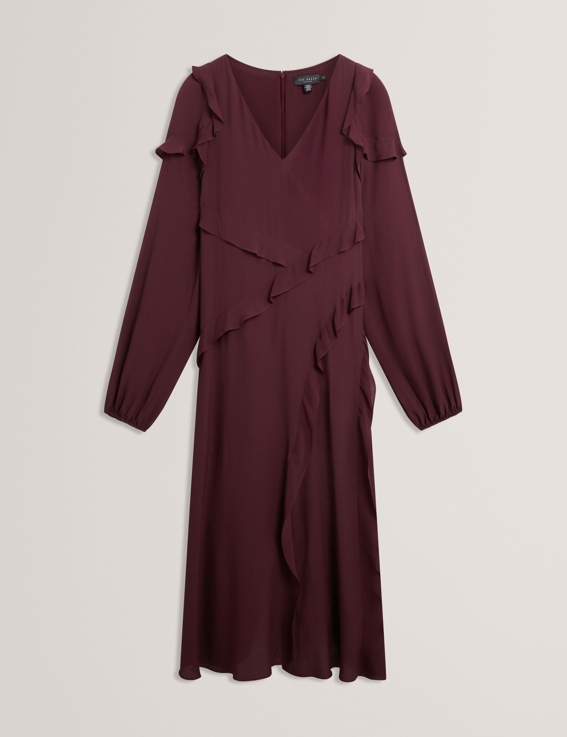 Ted Baker Oxblood Frill Trim Long Sleeve Crepe Midi Dress Women's