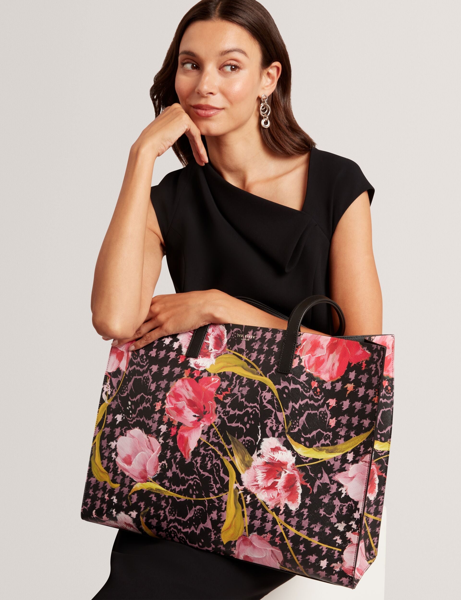 Ted Baker Tulah Floral Check Print Wide Icon Tote Bag In Black Women's