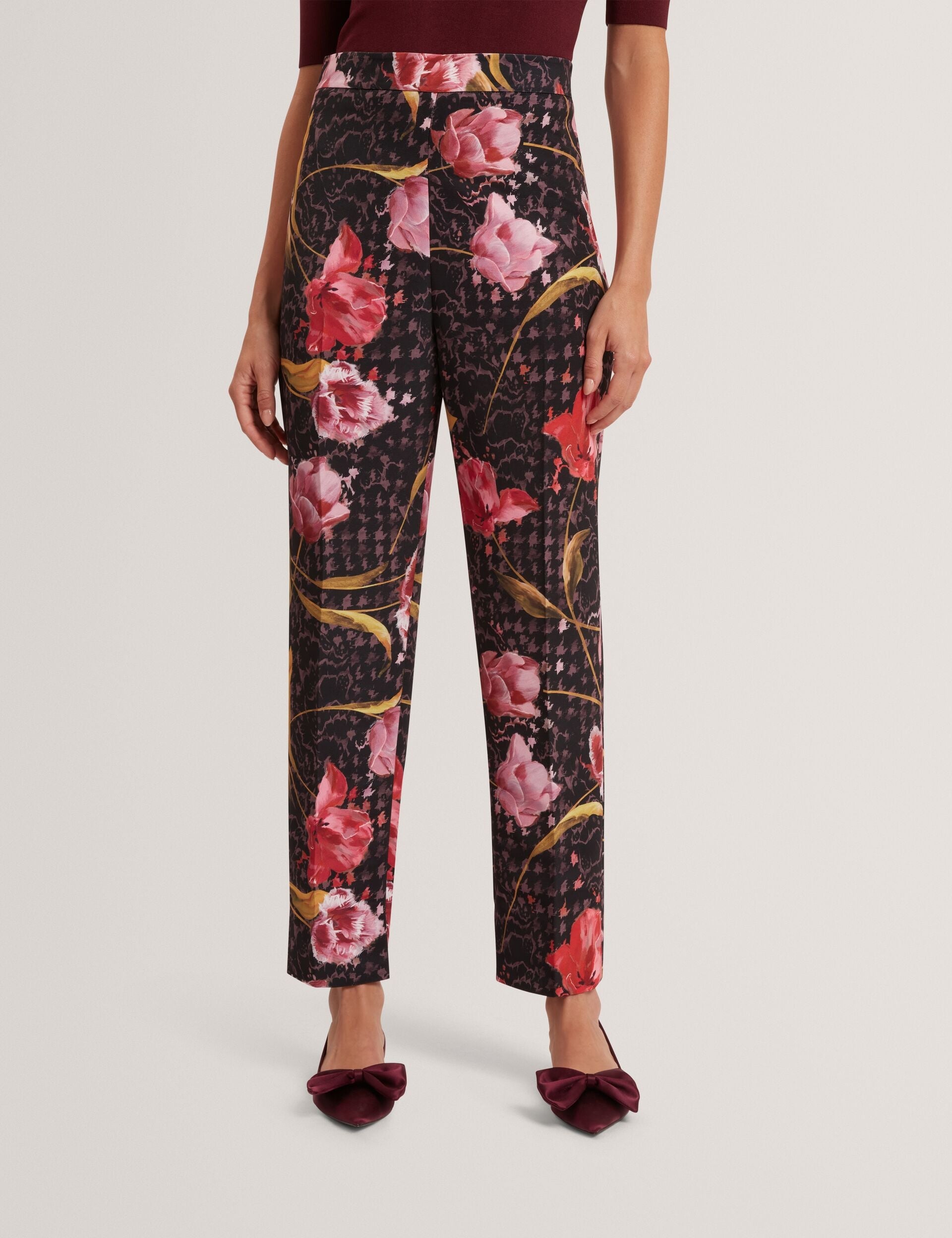 Ted Baker Black Rose Print Slim Leg Tailored Trousers Women's