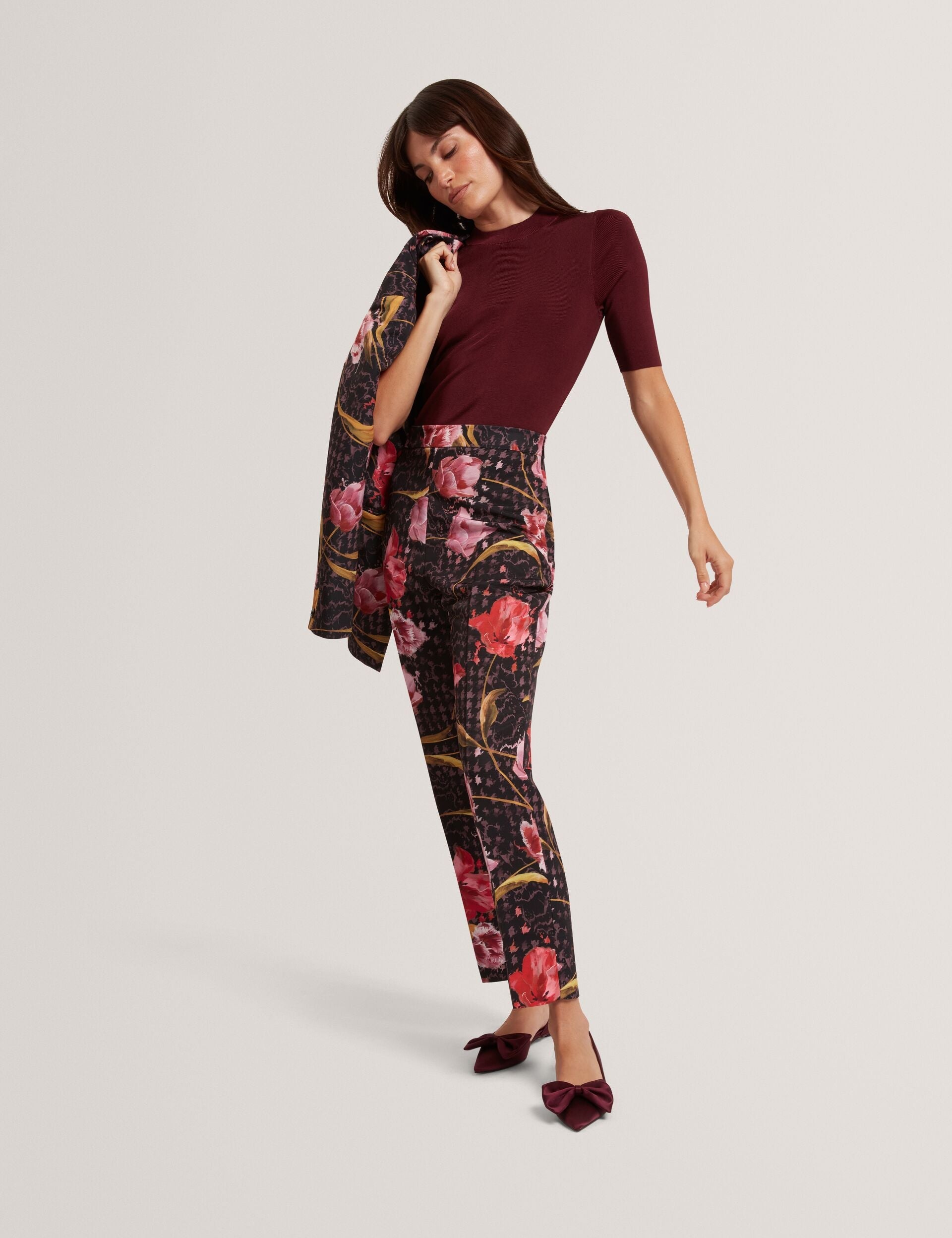 Ted Baker Black Rose Print Slim Leg Tailored Trousers Women's