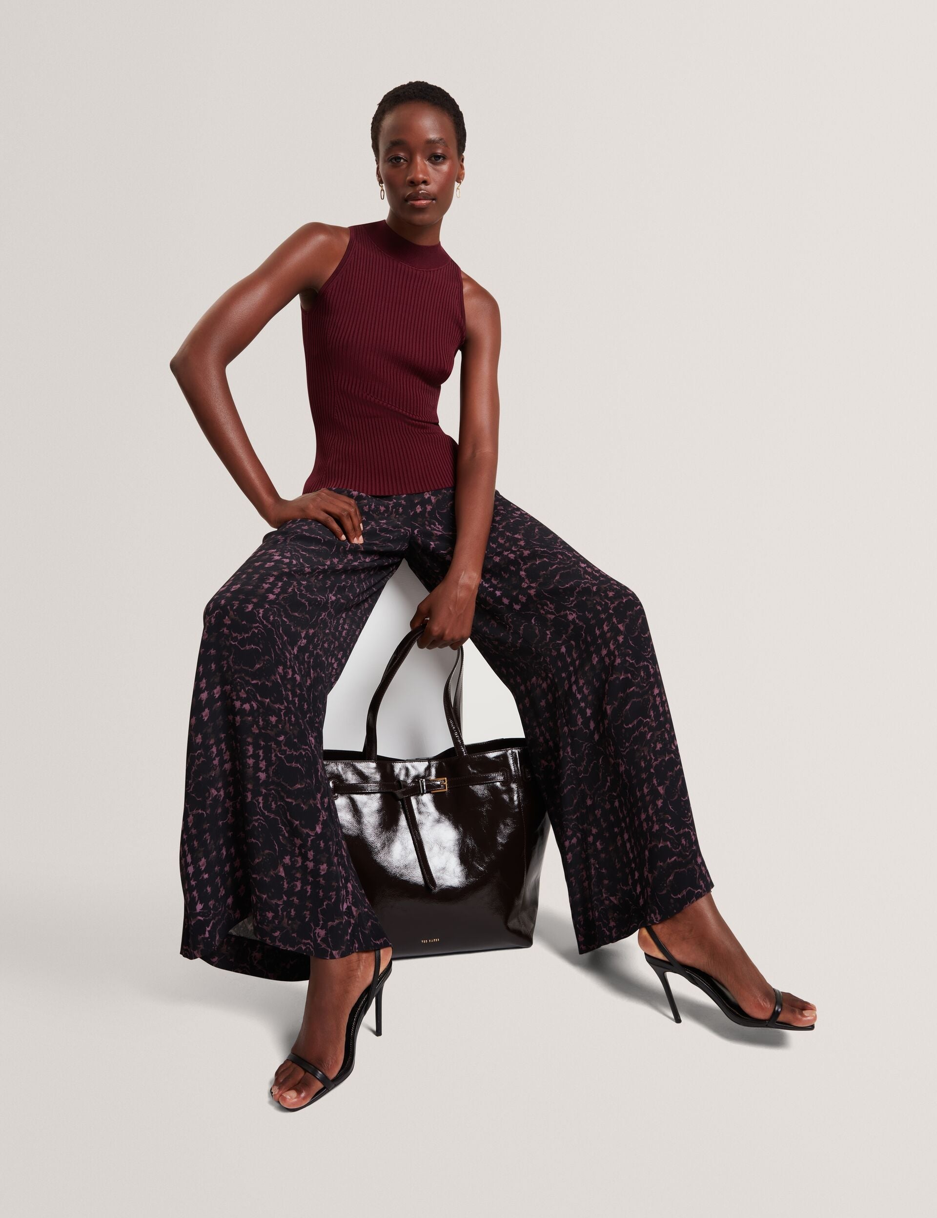 Ted Baker Reecha Floral Check Print Wide Leg Trousers Women's