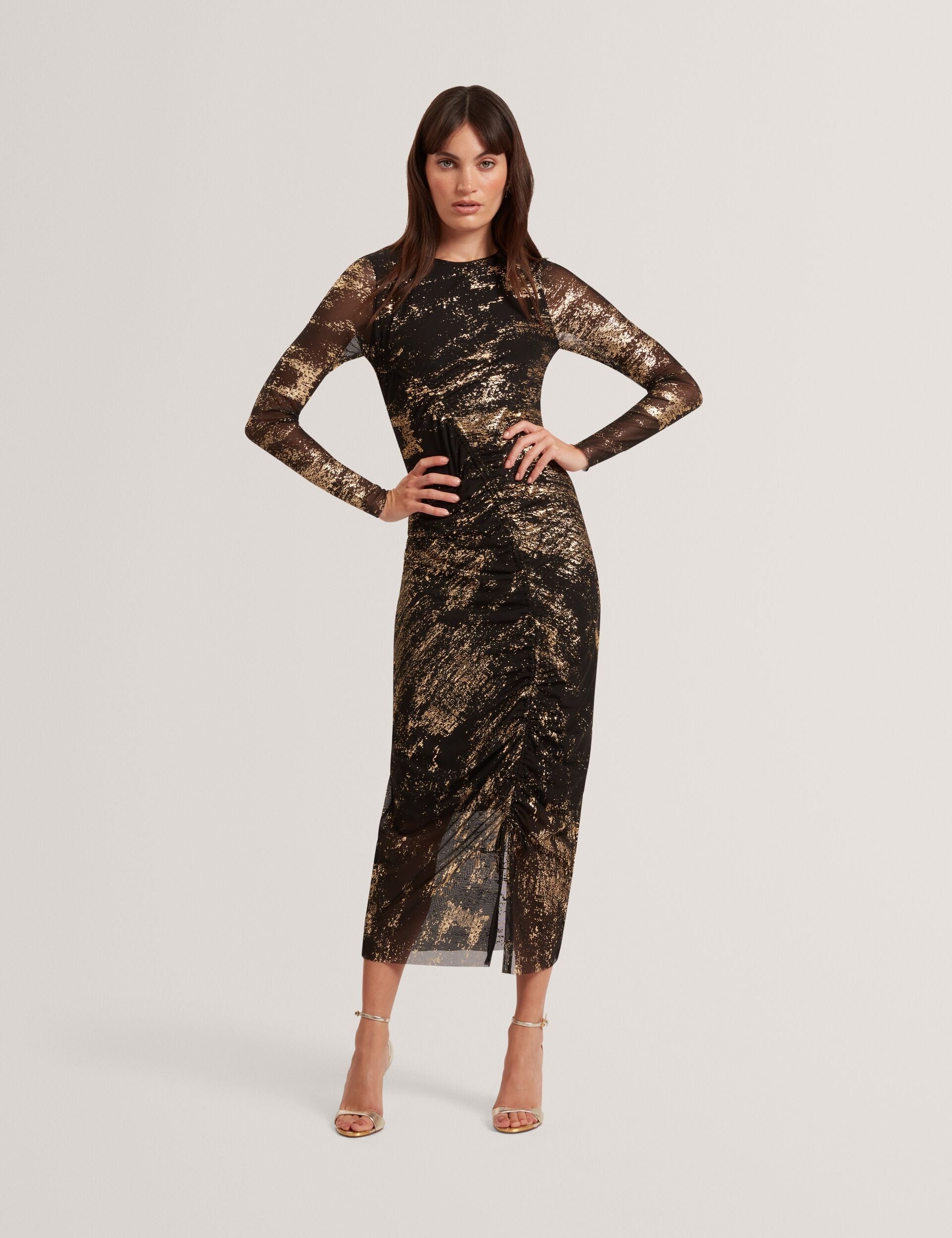 Ted Baker Black Foil Print Mesh Bodycon Midi Dress Women's