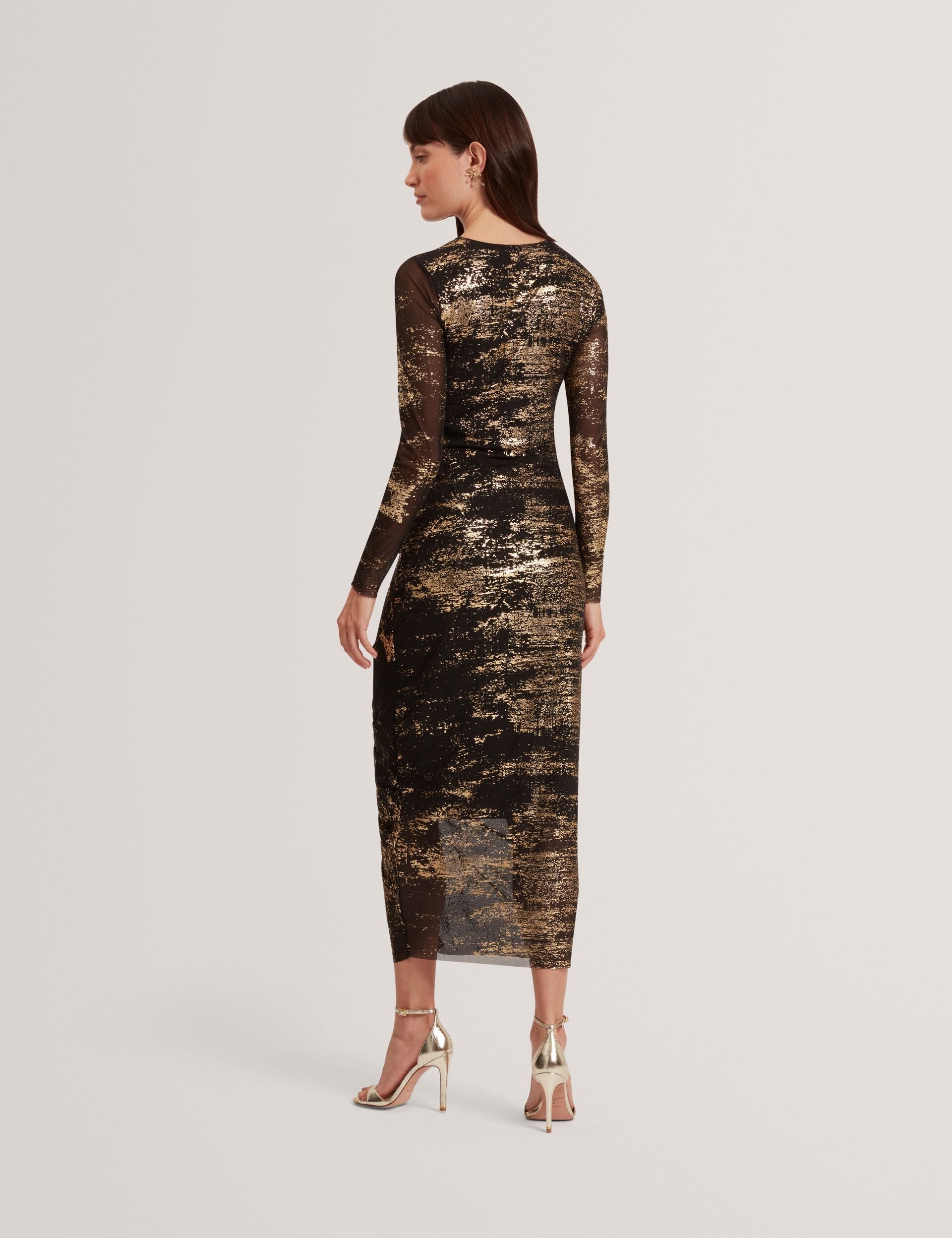 Ted Baker Black Foil Print Mesh Bodycon Midi Dress Women's