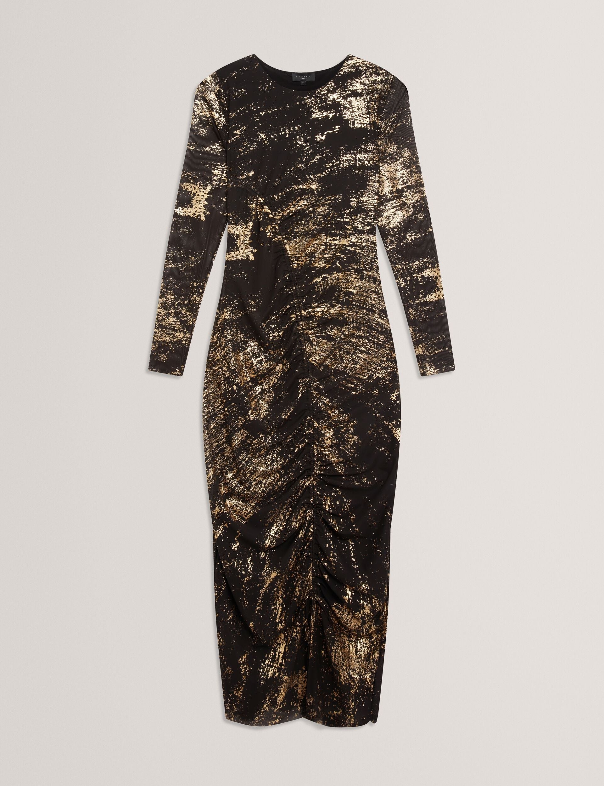 Ted Baker Black Foil Print Mesh Bodycon Midi Dress Women's