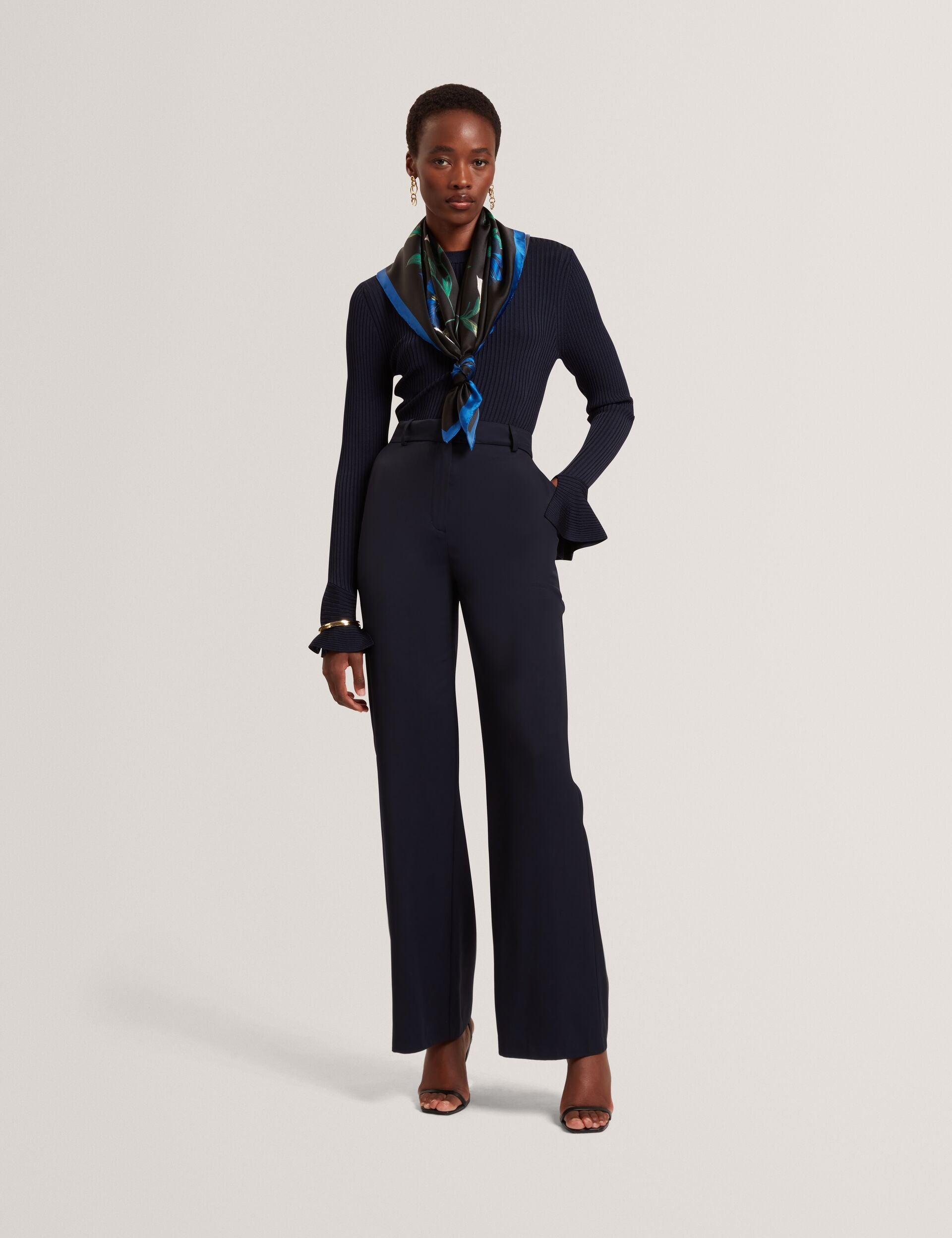 Ted Baker Navy Tailored Kick Flare Twill Trousers Women's