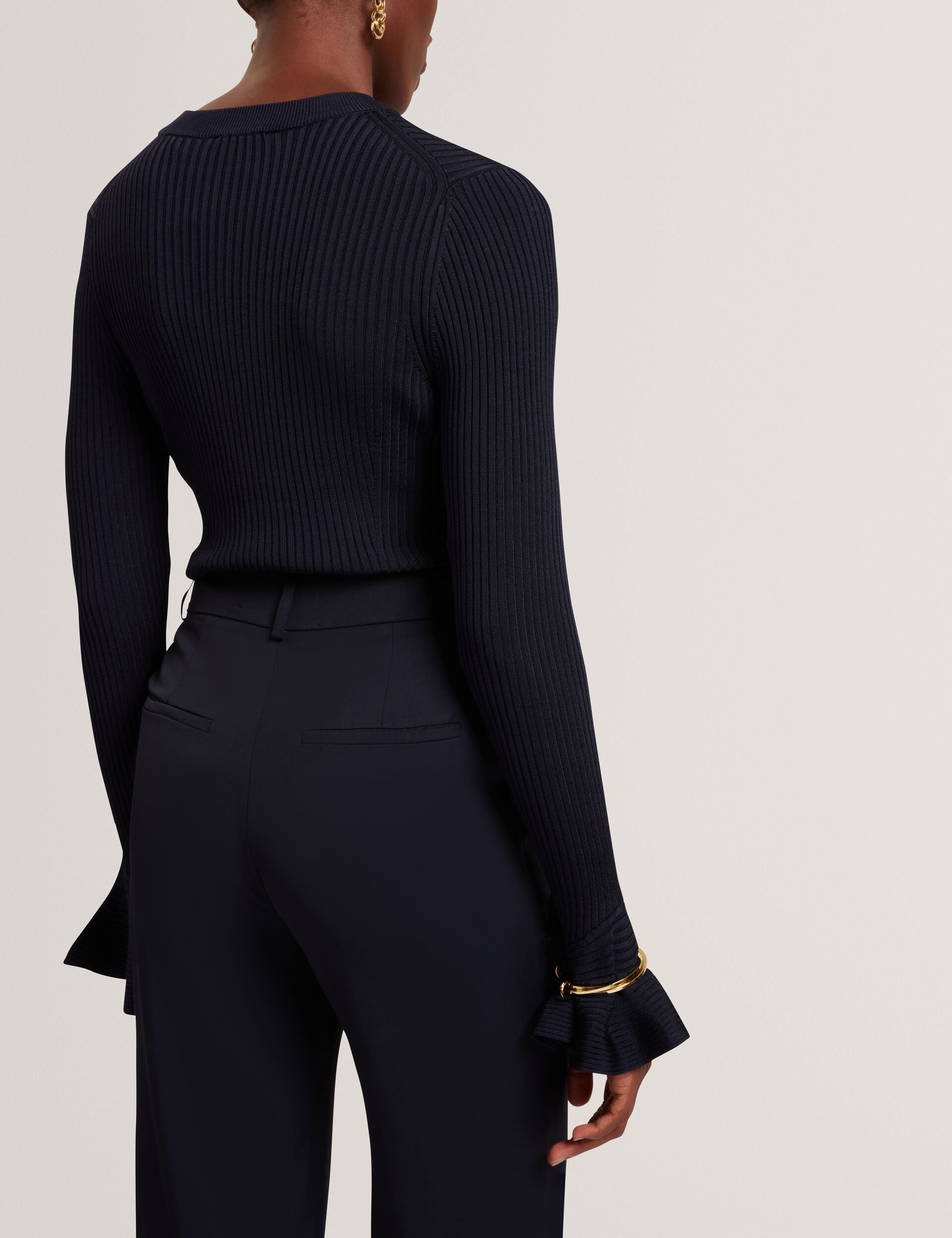 Ted Baker Navy Tailored Kick Flare Twill Trousers Women's