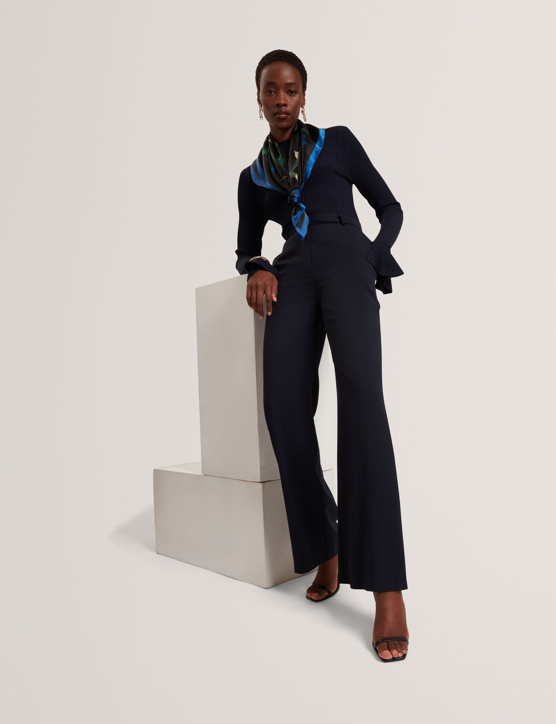 Ted Baker Navy Tailored Kick Flare Twill Trousers Women's