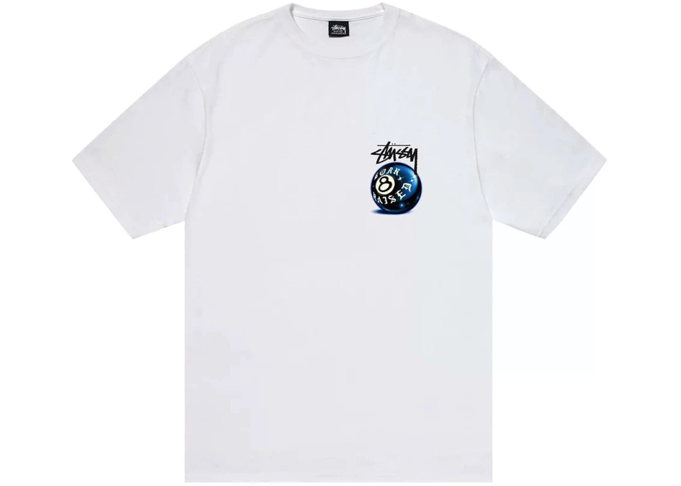 stussy born x raised 8 ball tee white