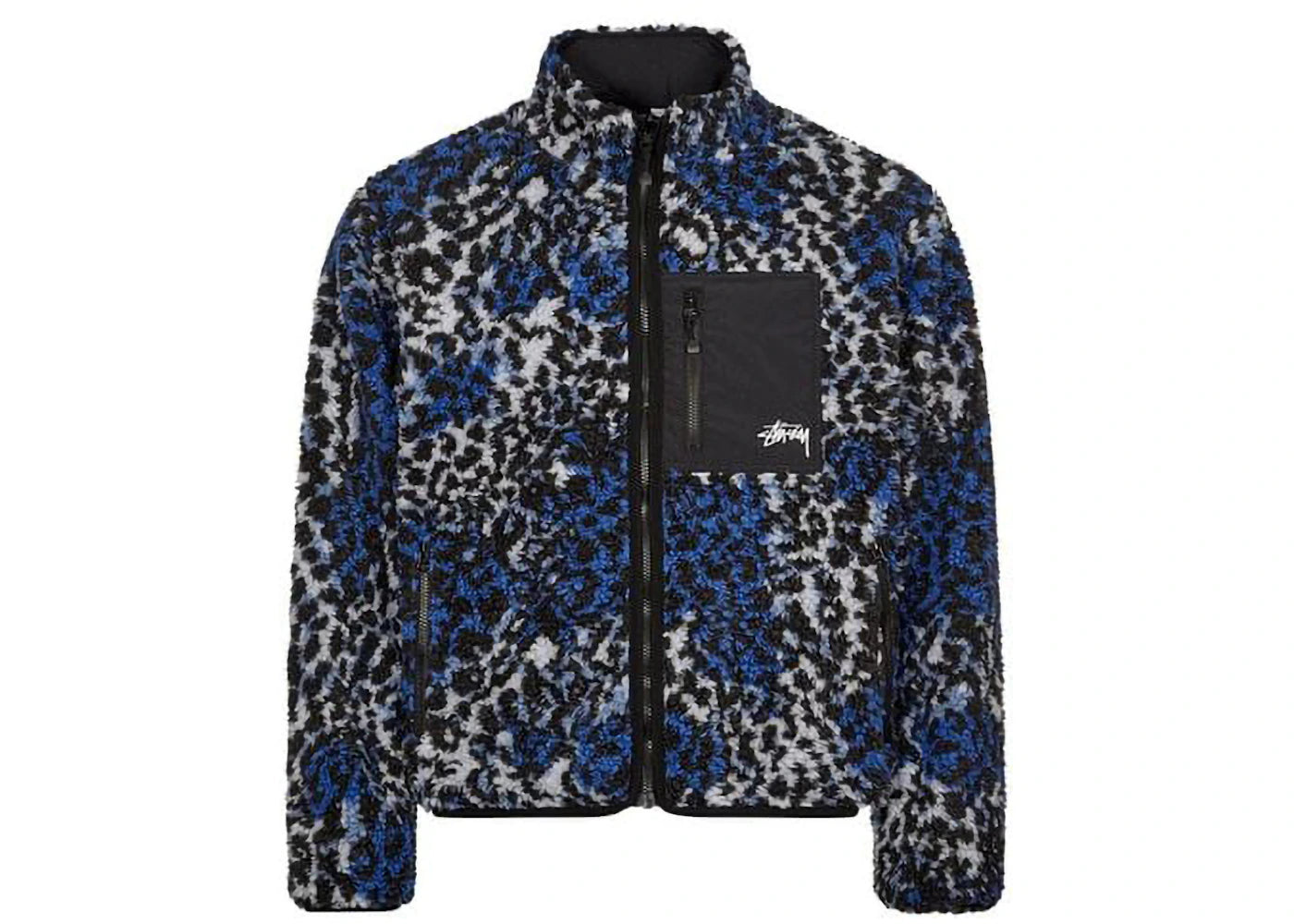 stussy sherpa reversible jacket blue leopard