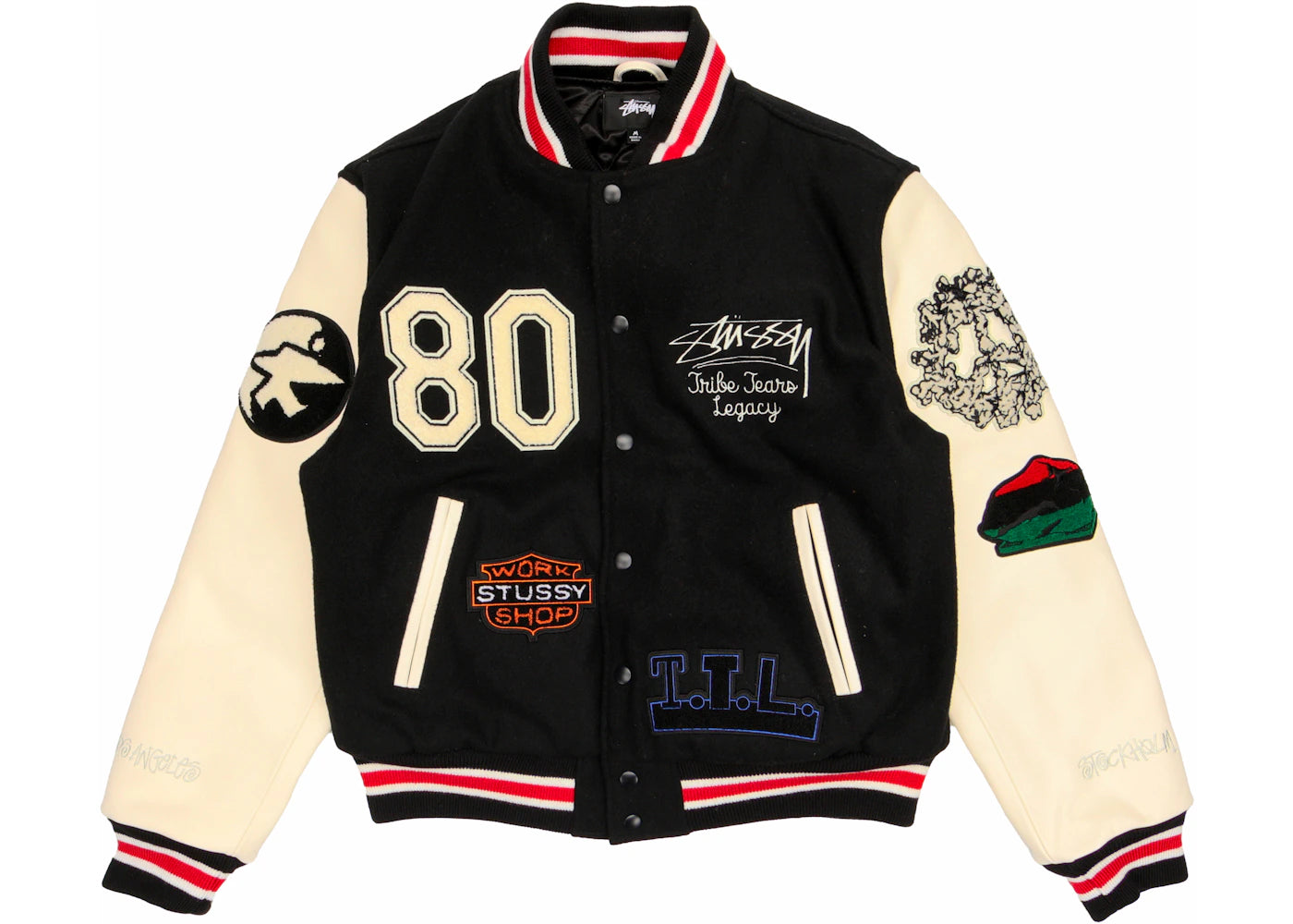 stussy x denim tears x our legacy ttl varsity jacket black/white