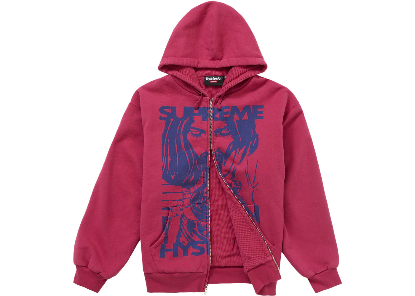 supreme hysteric glamour thermal lined zip up hooded sweatshirt washed red