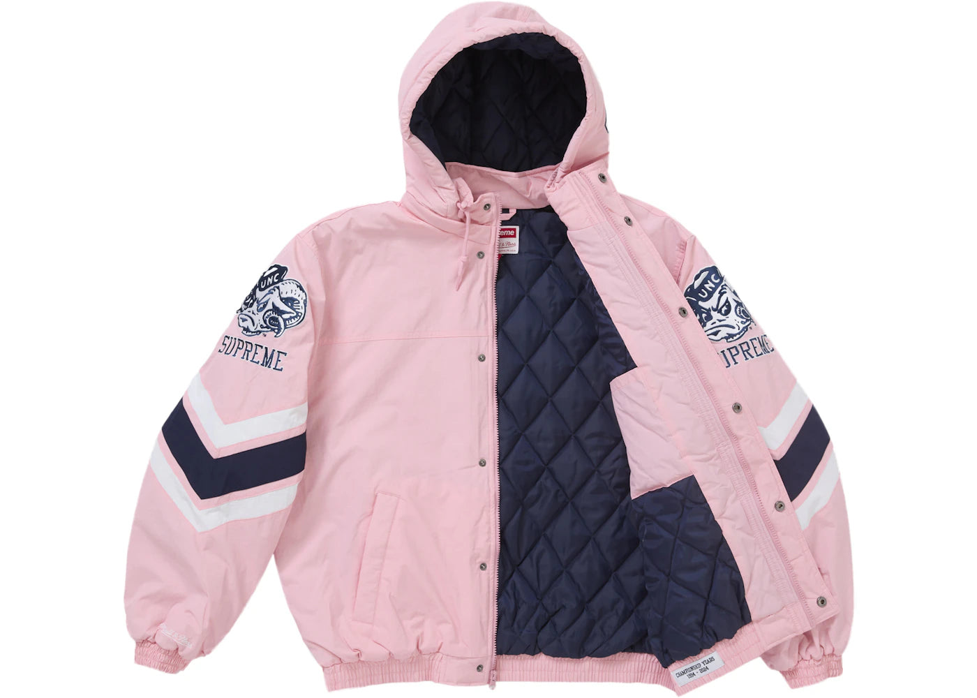 supreme mitchell & ness ncaa hooded stadium jacket pink