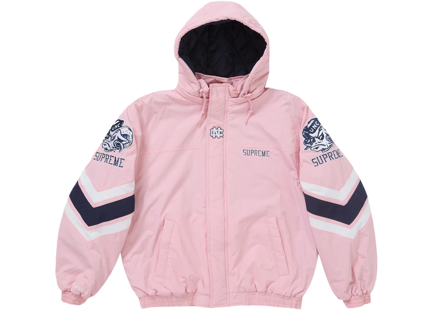 supreme mitchell & ness ncaa hooded stadium jacket pink