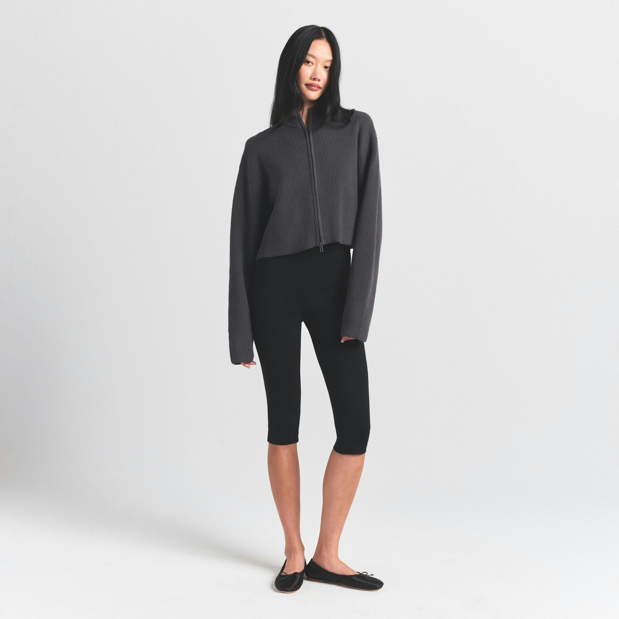 Skims Sweater Knits Ribbed Mock Neck Zip Up Ash