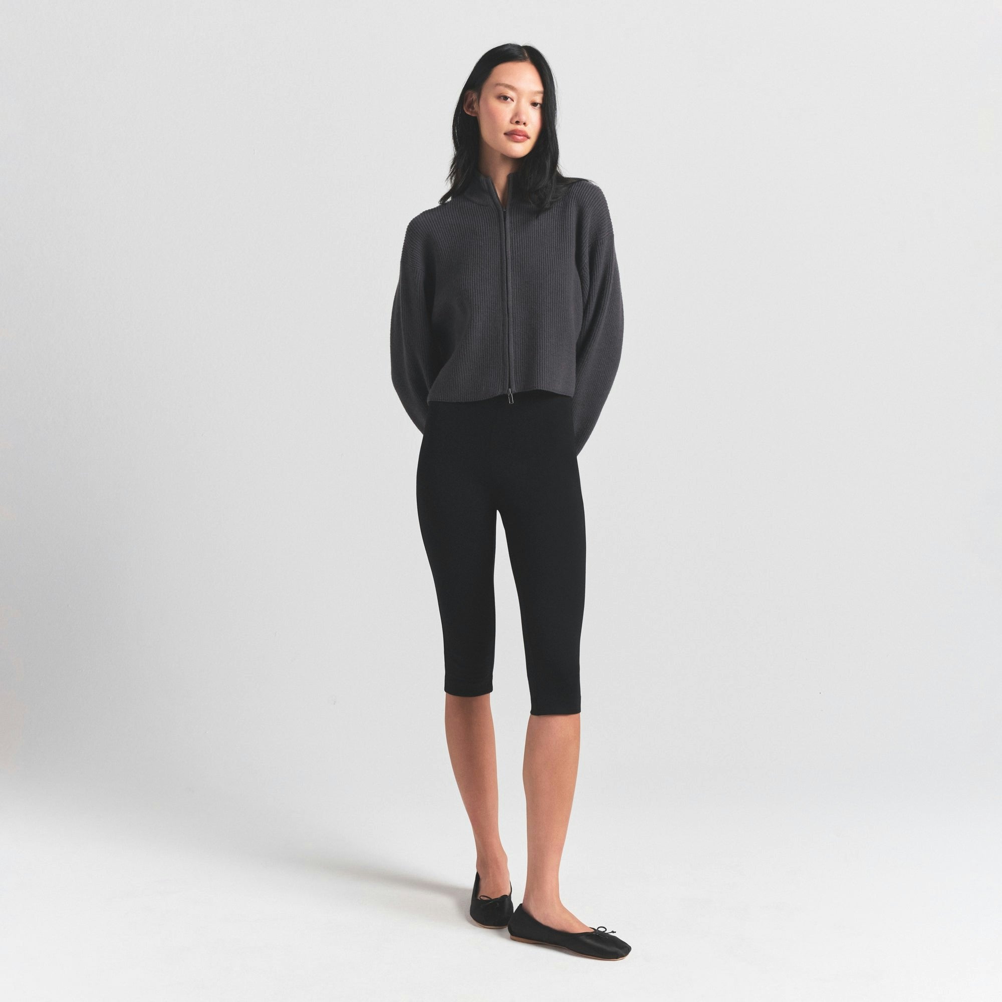 Skims Sweater Knits Ribbed Mock Neck Zip Up Ash